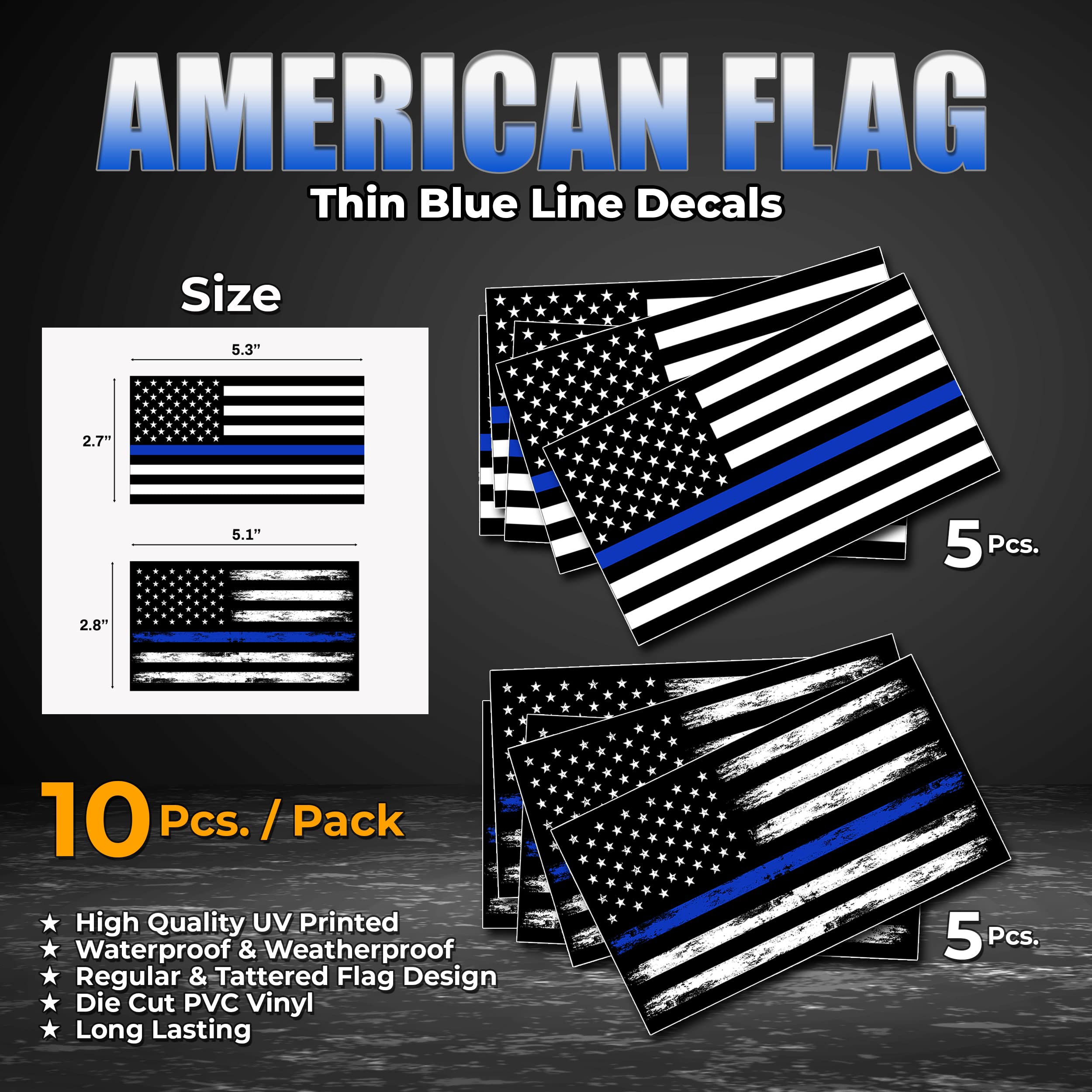 Gritkulture 5.1 Inch X 3 Inch Thin Blue Line Us Flag Decal Stickers Pack Of 10 For Trucks Cars American Flag Black American Flag