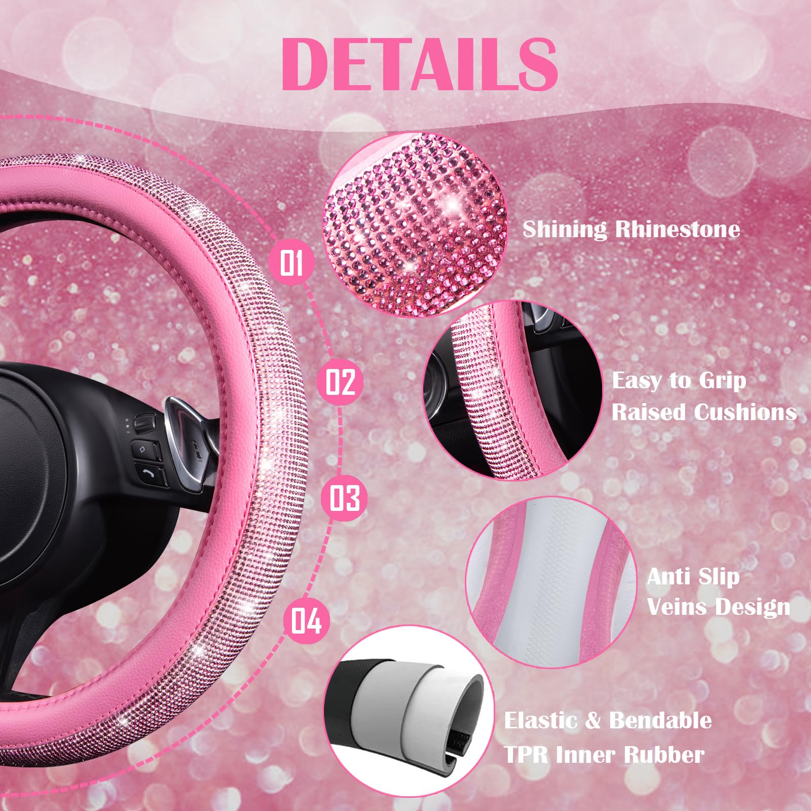 Car Pass 11 Pcs Bling Car Accessories Set For Women, Sparkly Rhinestone Diamond Steering Wheel Cover, Bling Seat Belt Cushion, S