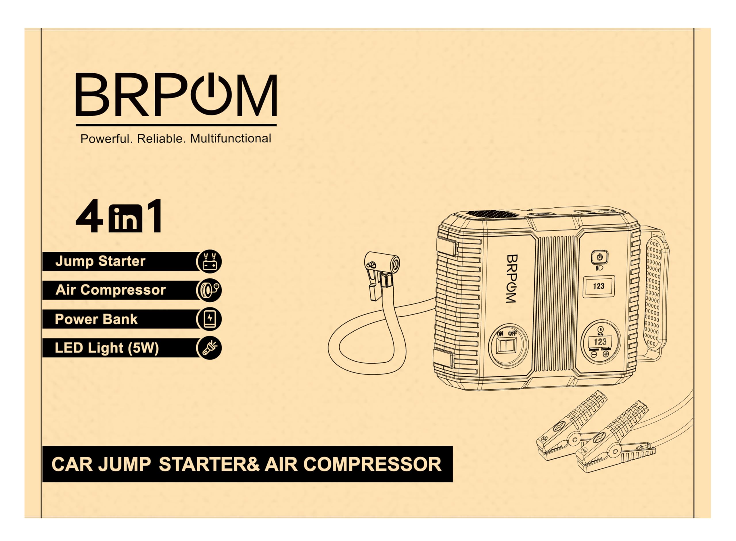 BRPOM Car Jump Starter with Air Compressor, 7000A Peak, 24000mAh, 12V Auto Battery Pack, QC 3.0, DC Output, for Gas/D