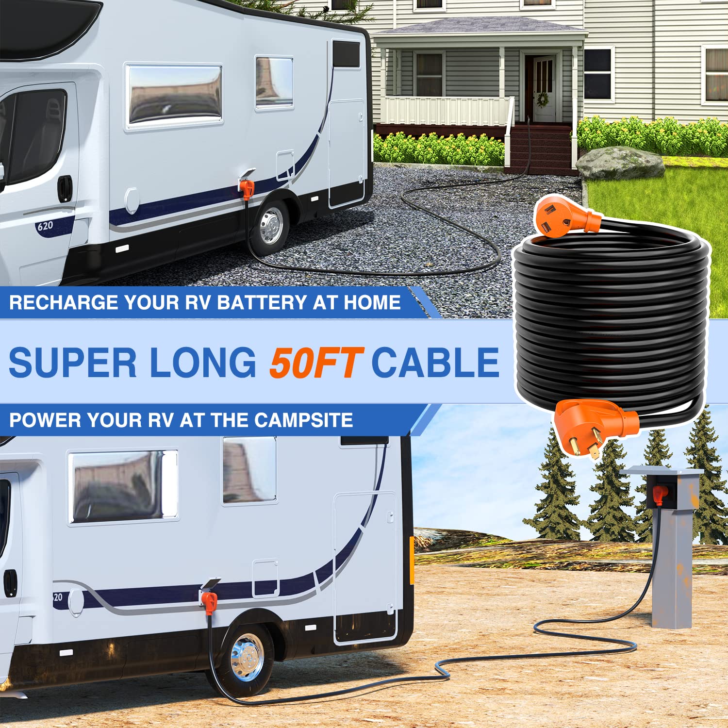 Nilight 30 Amp 50Ft Rv Extension Cord 125V Heavy Duty 10 Gauge Pure Copper Stw Wire Ul Etl Listed 3 Prong Tt-30P Tt-30R 30F/30M