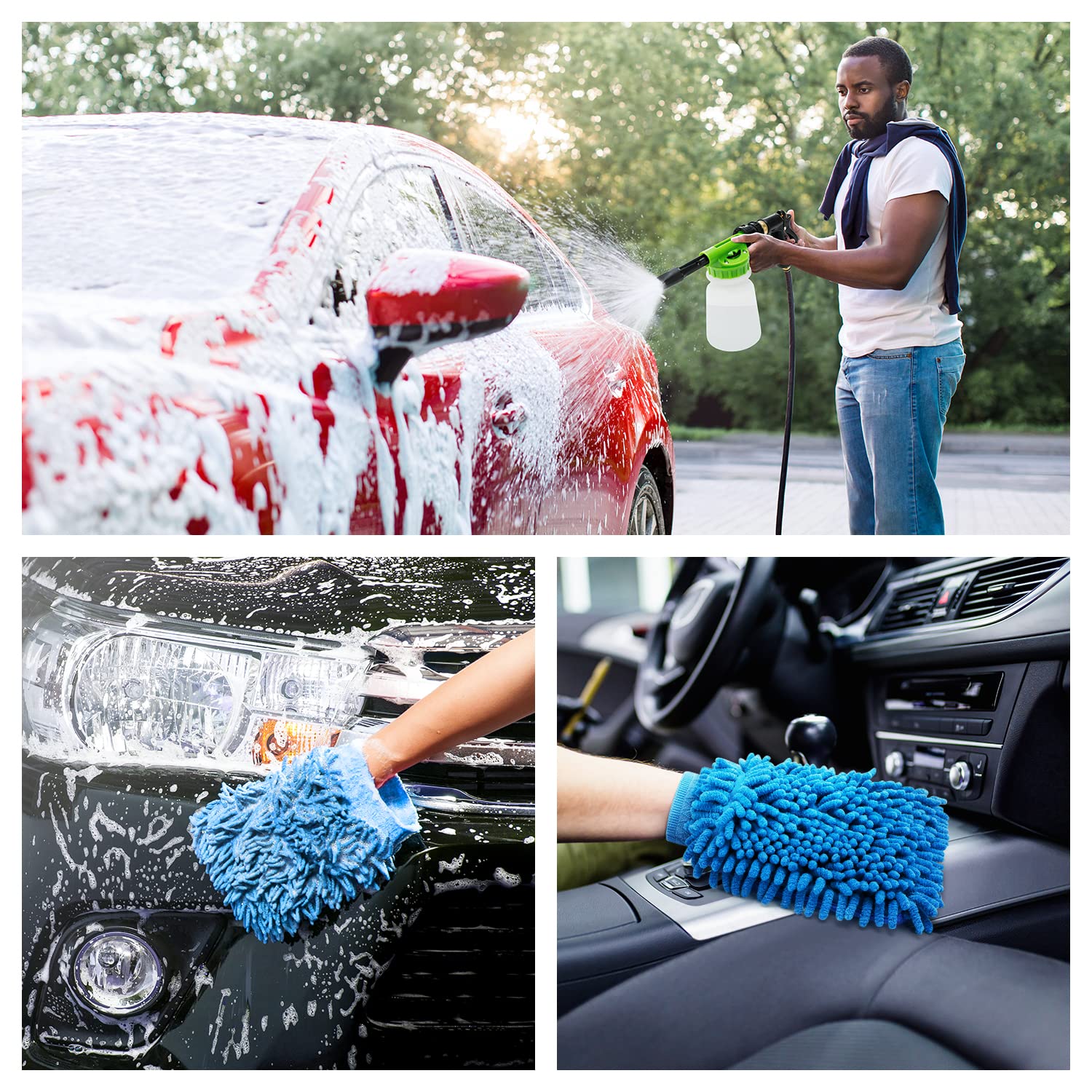 Ohuhu Car Wash Foam Gun, Car Wash Soap Sprayer With 3/8 Brass Connector & Car Washing Mitts, Dual Filtration, 6 Levels Of Foam Concentration, Quick Connect To Most Garden Hose (Green)