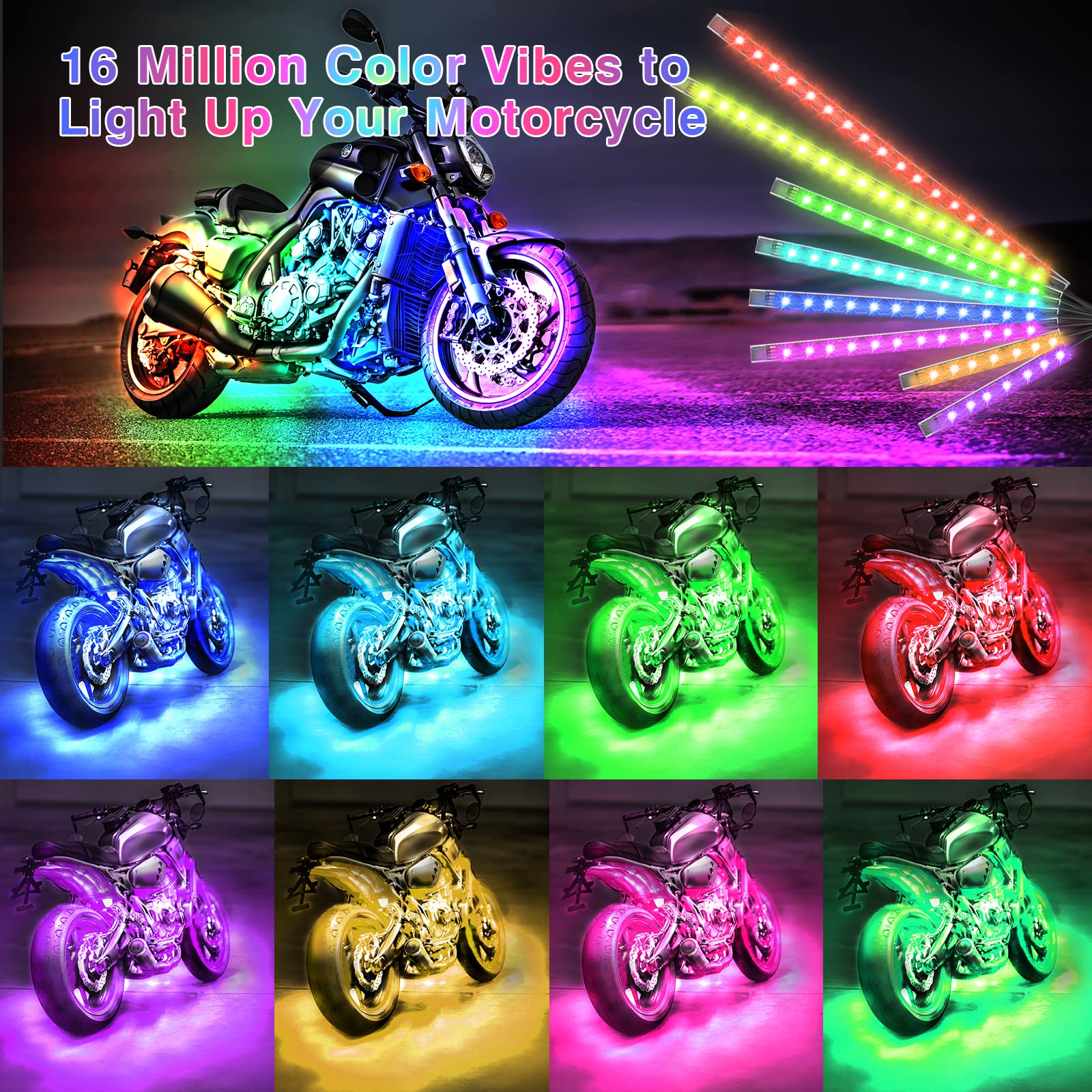 LD DARKEAGLE 24PCS RGB Motorcycle LED Lights Kit, Waterproof Neon Accent, APP/RF Remote, Model LD-2X-strip-24