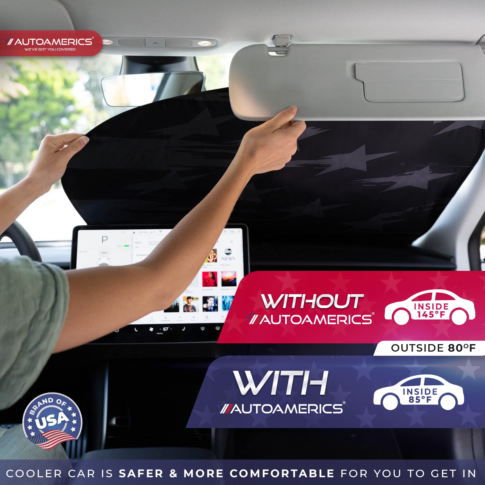 Autoamerics 2-Piece Windshield Sun Shade - B&W USA Flag Foldable Car Front Window Sunshade for Most Cars SUV Truck - Heat Blocke