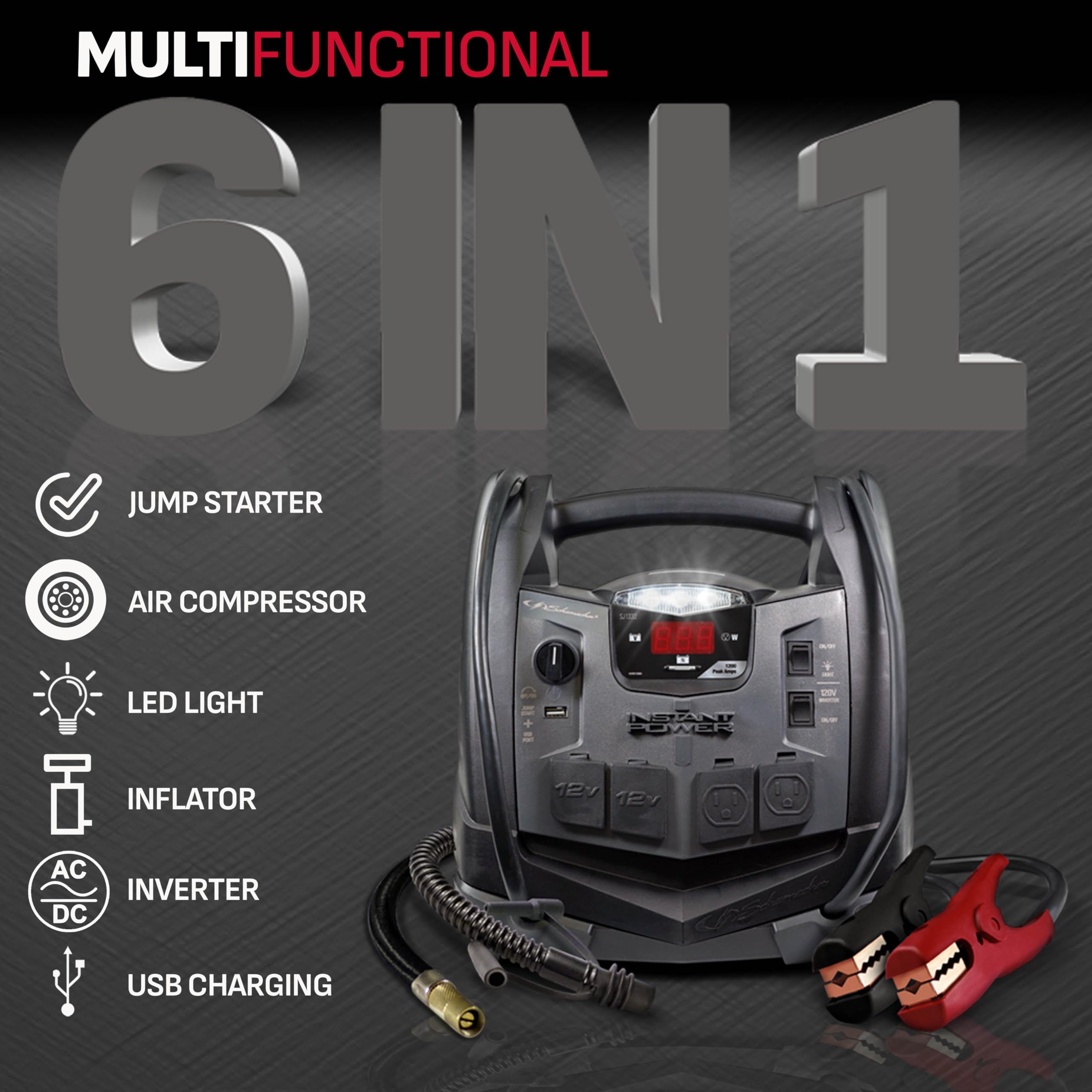 Schumacher SJ1332 Portable Power Station & Jump Starter, 1200 Peak Amps, 150-PSI Air Compressor, 200W Inverter, Black