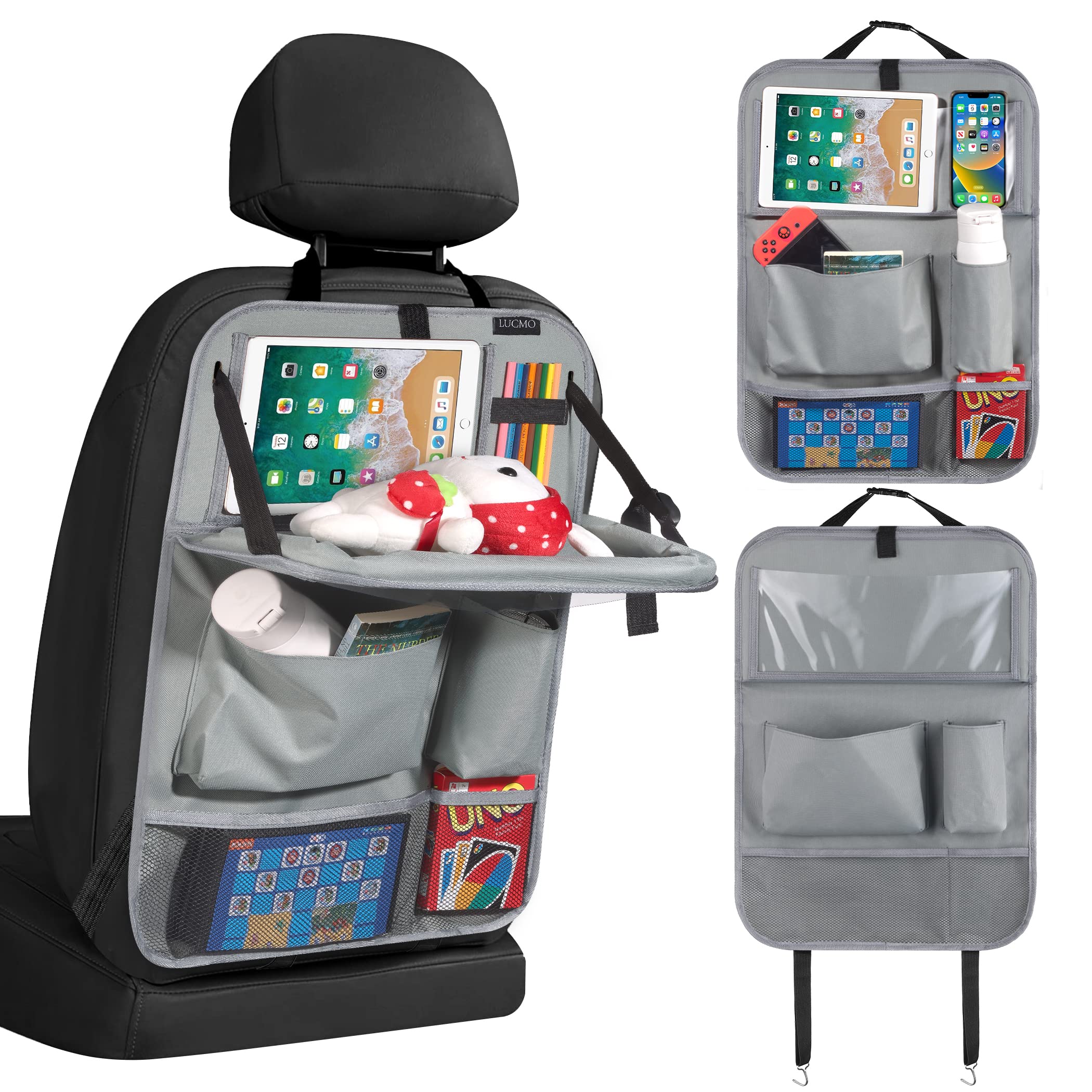 LUCMO Car Backseat Organizer with Tablet Holder & Food Tray, 6 Pockets, Grey, Model LCS-GRT3P, Durable Polyester Travel Accessory