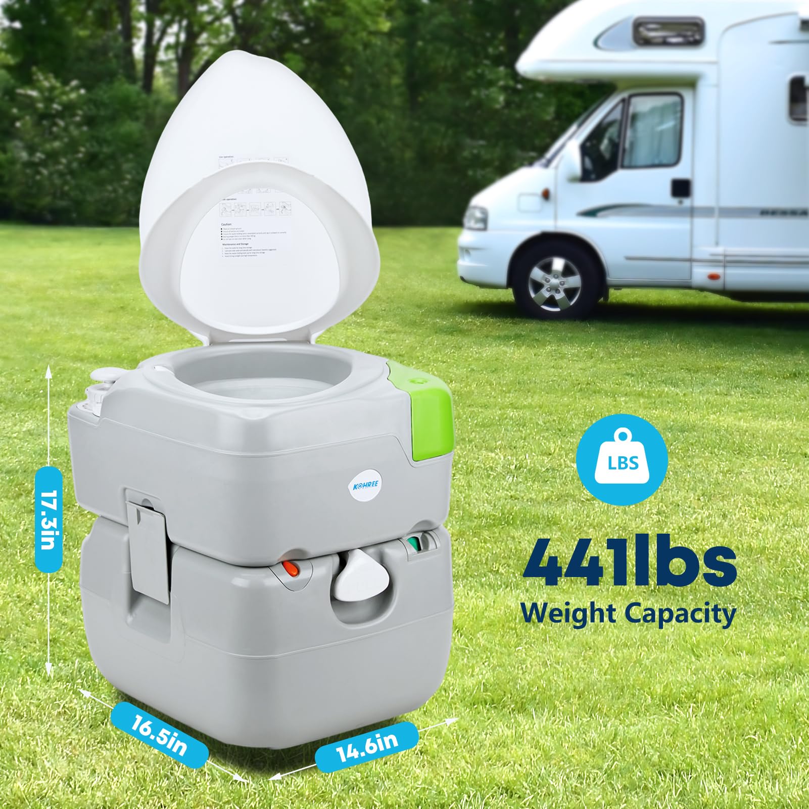 Kohree Portable Camping Toilet - 5.8 Gal, Diagonal Elongated Bowl, Leak-Proof, Gray, Model HY0671, Ideal for RVs and Home Use
