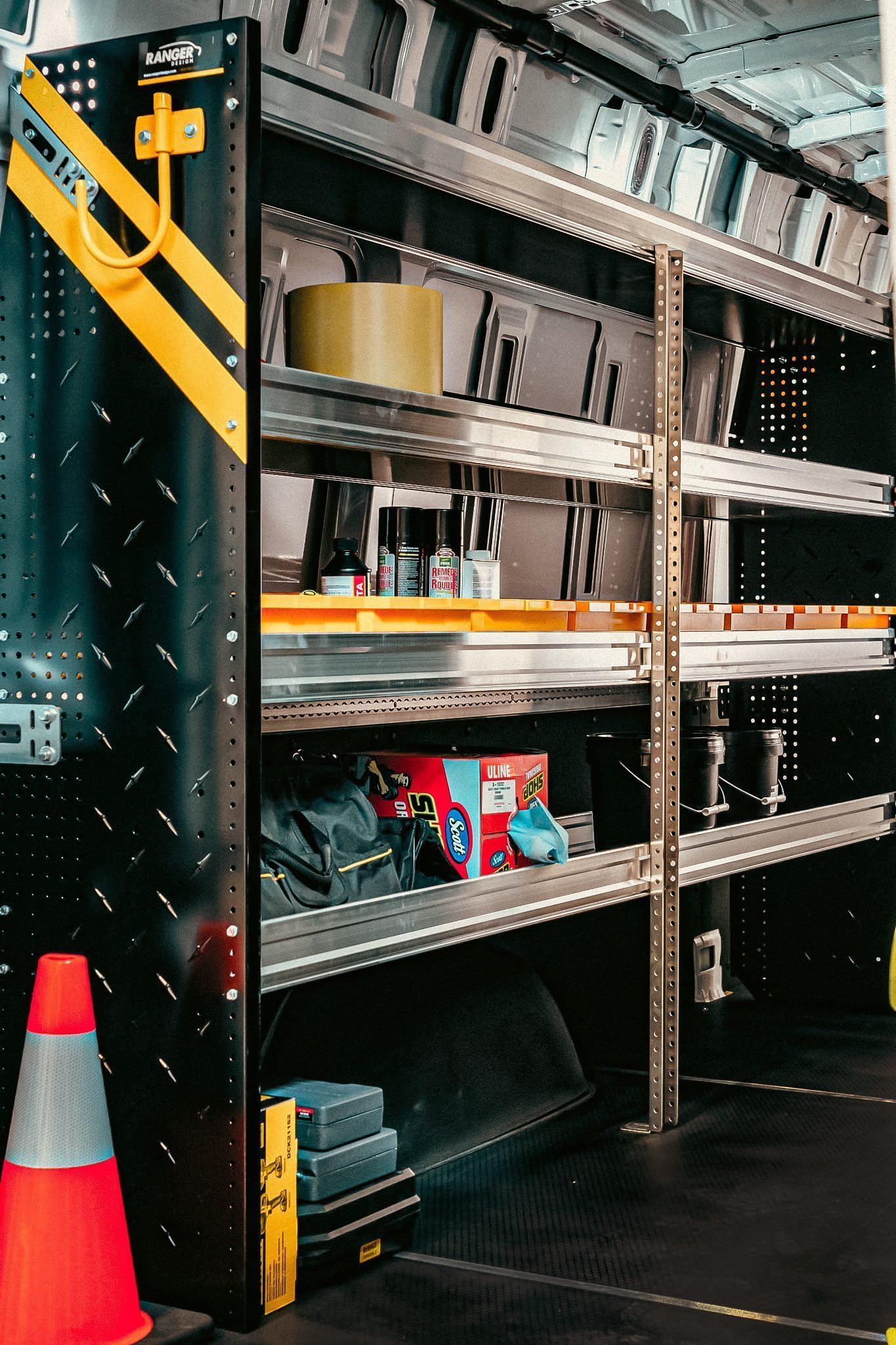 American Truck Equipment Ranger Design Steel Shelving Unit For Low Roof Van, 14' X 44.5' X 96'. Model: N4-Rs96-3