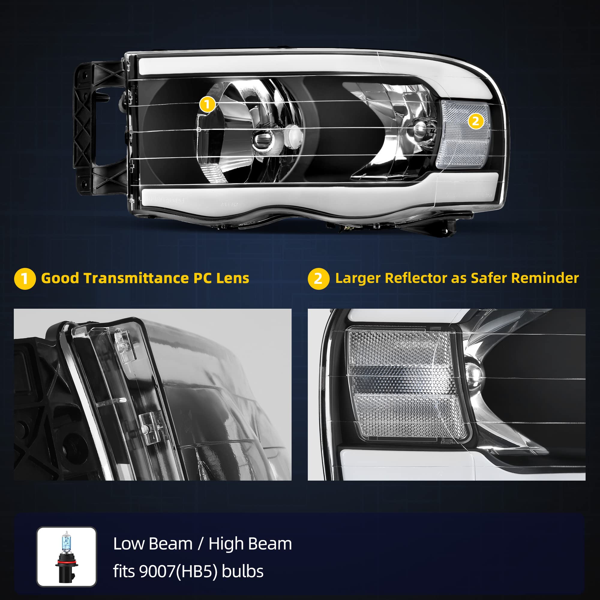 DWVO Headlight Assembly for 2002-2005 Dodge Ram 1500/2500/3500, Switchback LED DRL, Black Housing, Clear Lens, Driver & Passenger Side
