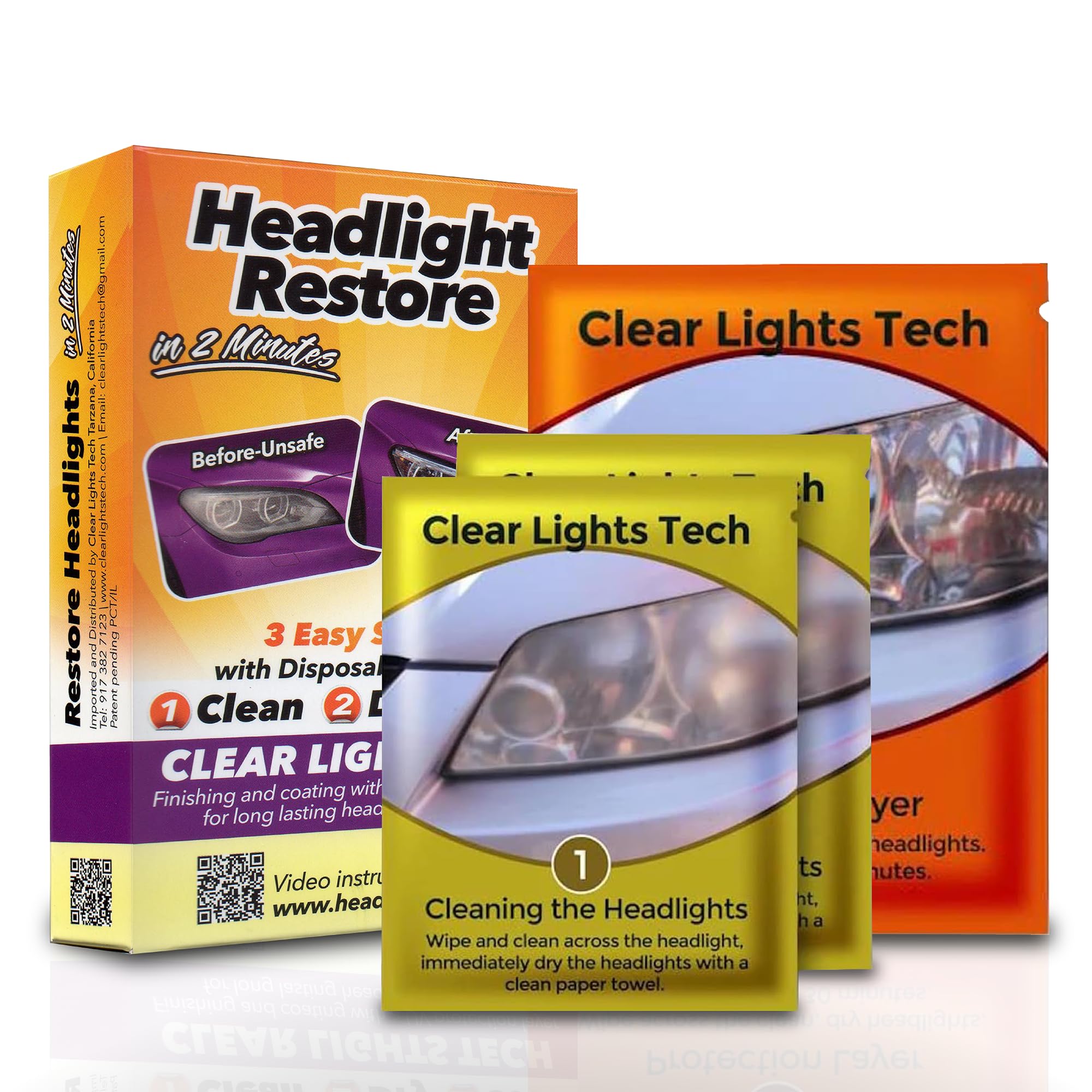 Clear Lights Tech Headlight Restoration Kit - Headlight Cleaner 3-Wipe System Restores Clarity, Removes Yellowing & Oxidation, I