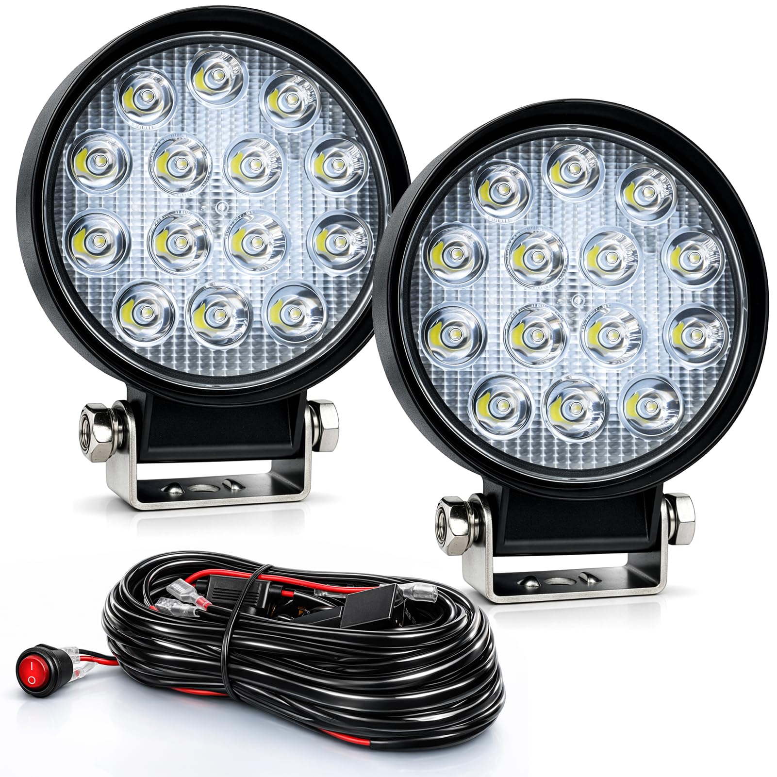 ZMOON Round LED Off Road Lights Kit, 2PCS 4.5 84W LED Flood Light Bar with 10FT Wiring Harness (2-Lead), Driving Fog Lights for 
