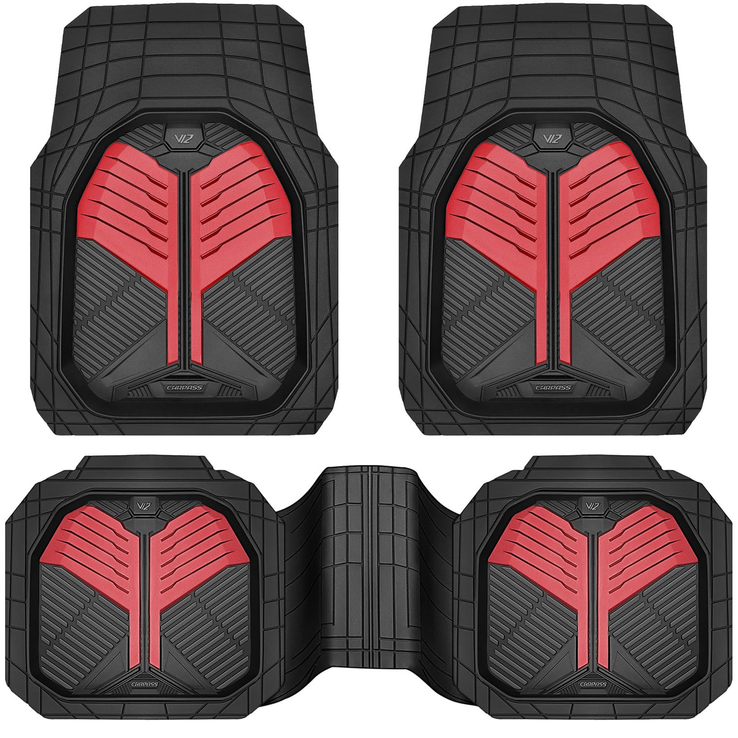 Car Pass Heavy Duty Rubber Car Mats, Deep-Dish Car Floor Mats All Weather, Universal Two-Tone Trim-To-Fit For Suvs Trucks Sedans