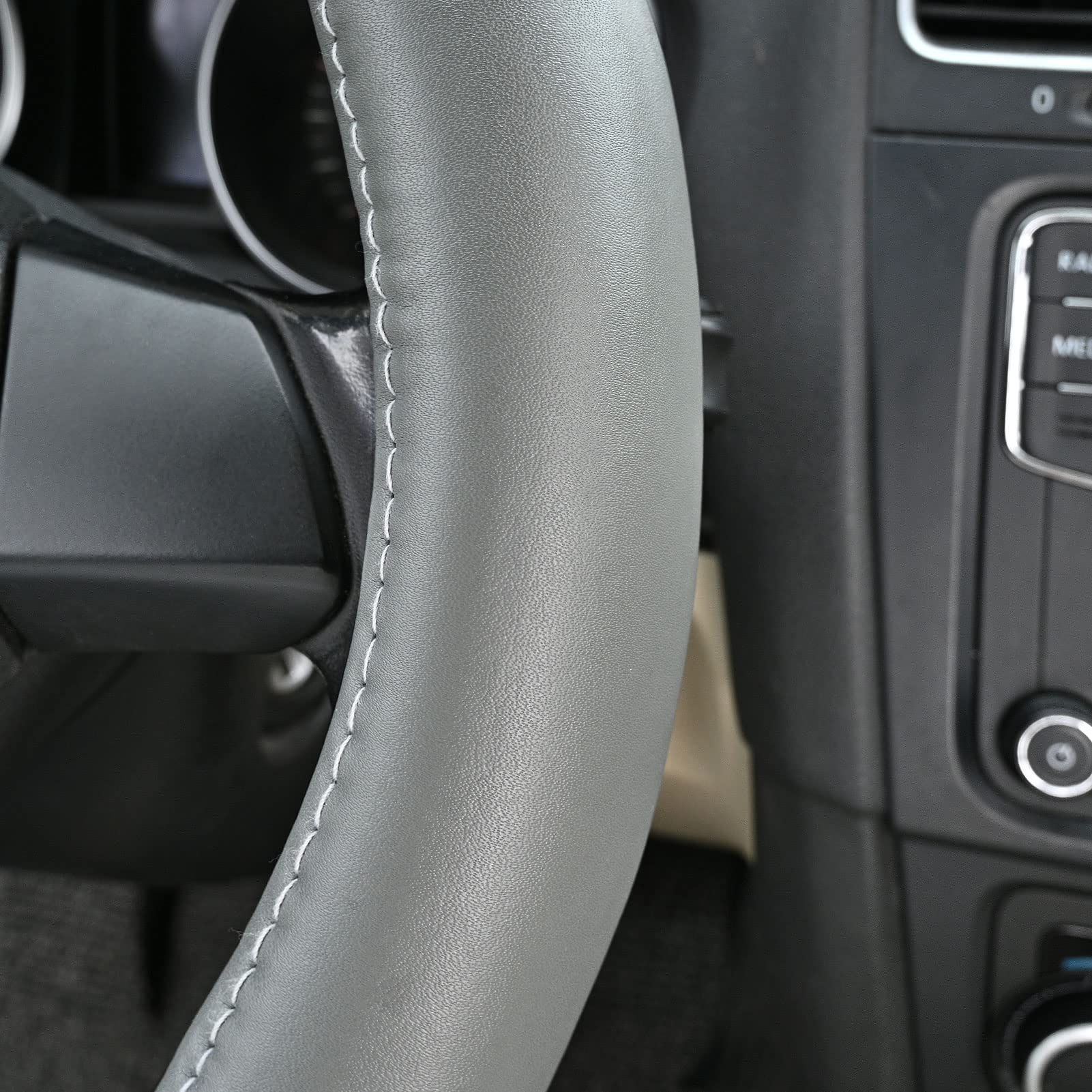 HAOKAY Heavy Duty Pure Cowhide Steering Wheel Cover, Universal 14.5-15 Inch, Gray Genuine Leather for SUV Car, Model AH-007