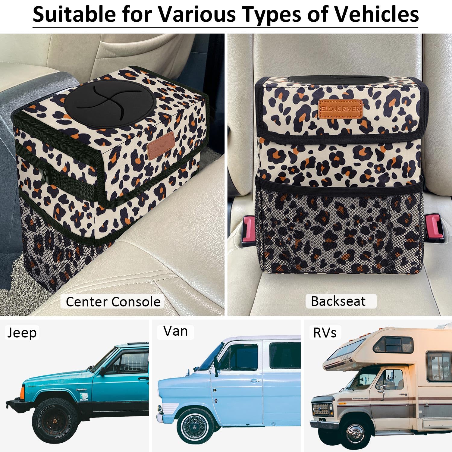 Elongriver Leopard Print Car Trash Can With Lid, Leak Proof, Suv, Truck, Van & Front/Back Seat