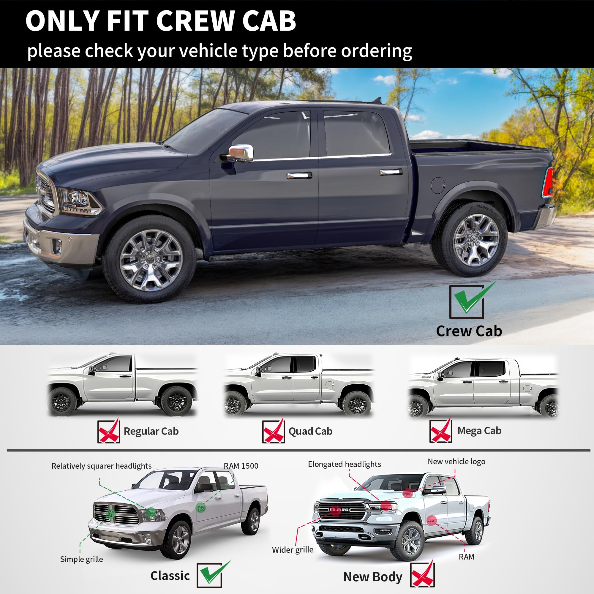 Yitamotor 6 Inches Running Boards Compatible With 2009-2018 Dodge Ram 1500 Crew Cab, 2019-2024 1500 Classic, 2010-2024 Ram 2500/