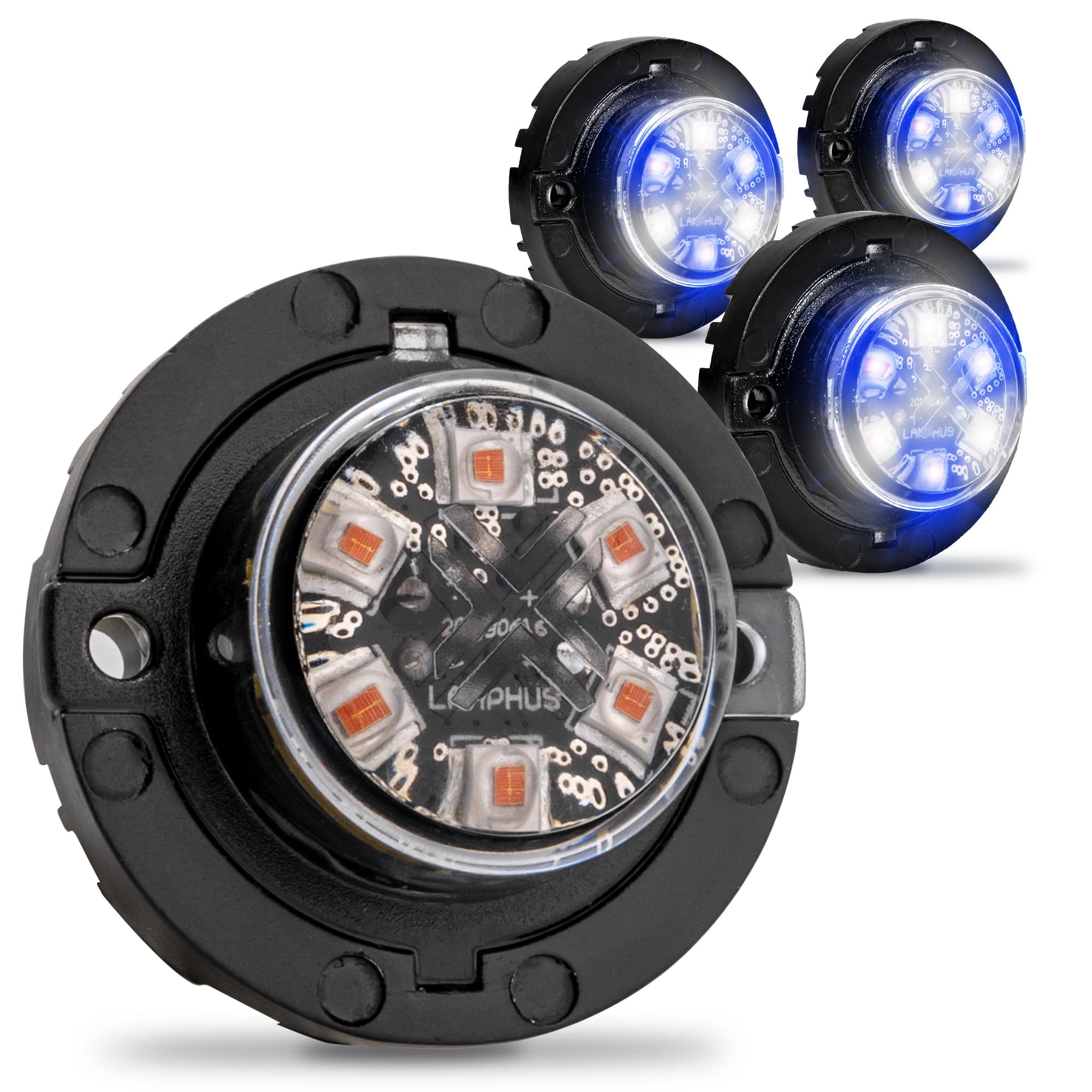 4pc SnakeEye III Blue White Clear LED Hideaway Strobe Light [SAE Class 1] 12V 1 Inch Round Waterproof Wig Wag Emergency Flashing