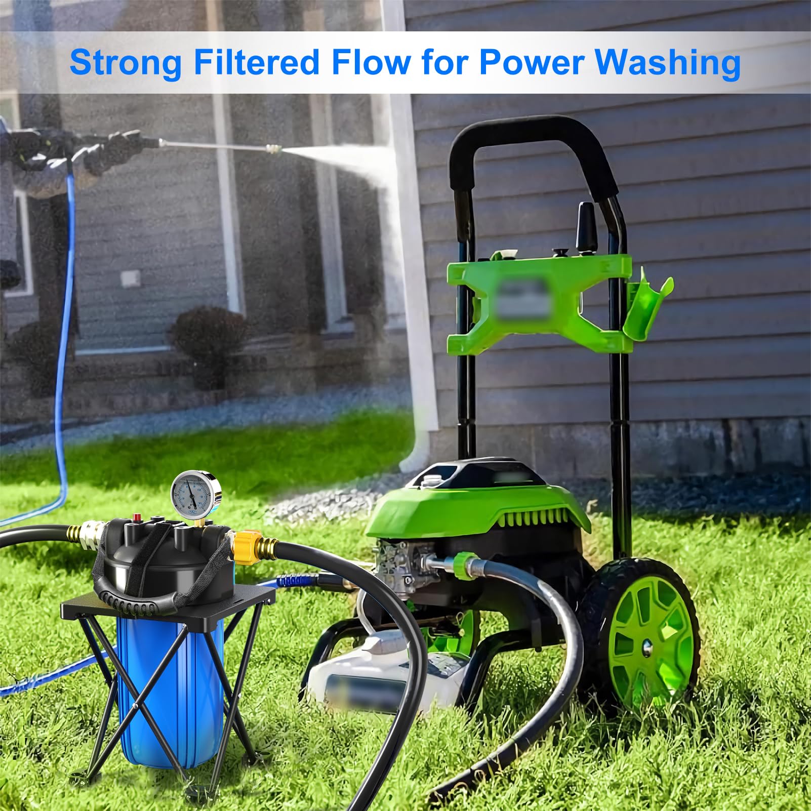 Hansing 6-Layer RV Water Filter with Stand & Pressure Gauge, 3/4" GHT, Blue, Removes Sediments, Chlorine, VOCs, Heavy Metals