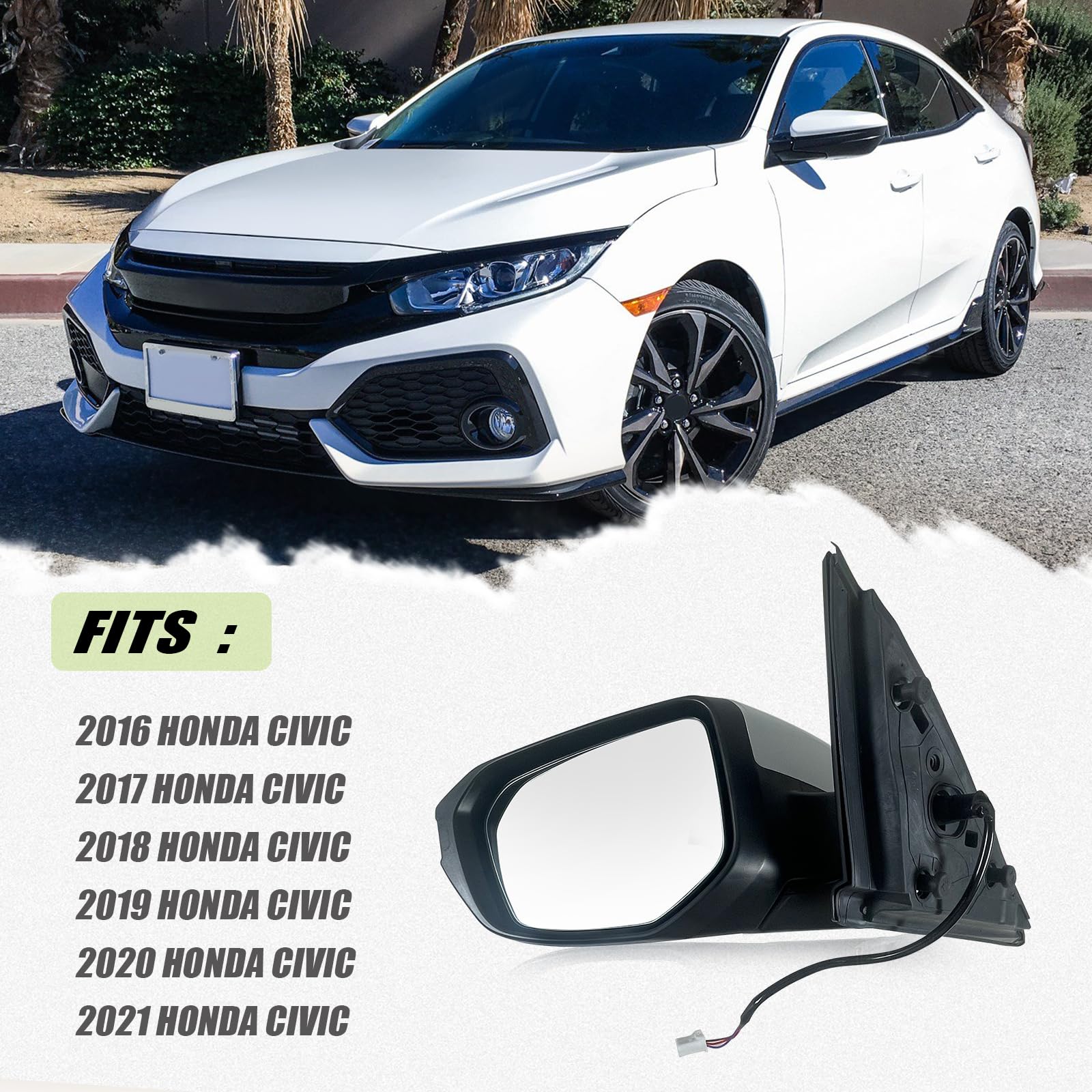 Lqito Left Driver Side Door Mirror for 2016-2021 Honda Civic LX SE Sport, Taffeta White, 3 Pins, ABS, Model 76258-TBA-A02ZA
