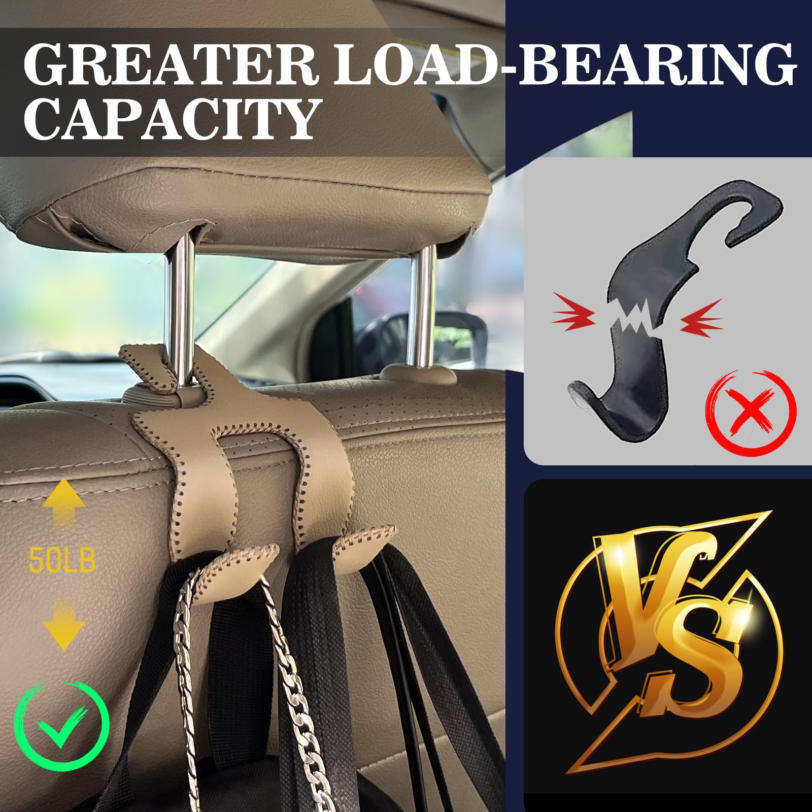 Tisohugo Upgraded Headrest Hooks For Car, 2 In 1 Back Seat Purse Holder Hook Genuine Leather Head Rest Hangers Vehicle Organizer