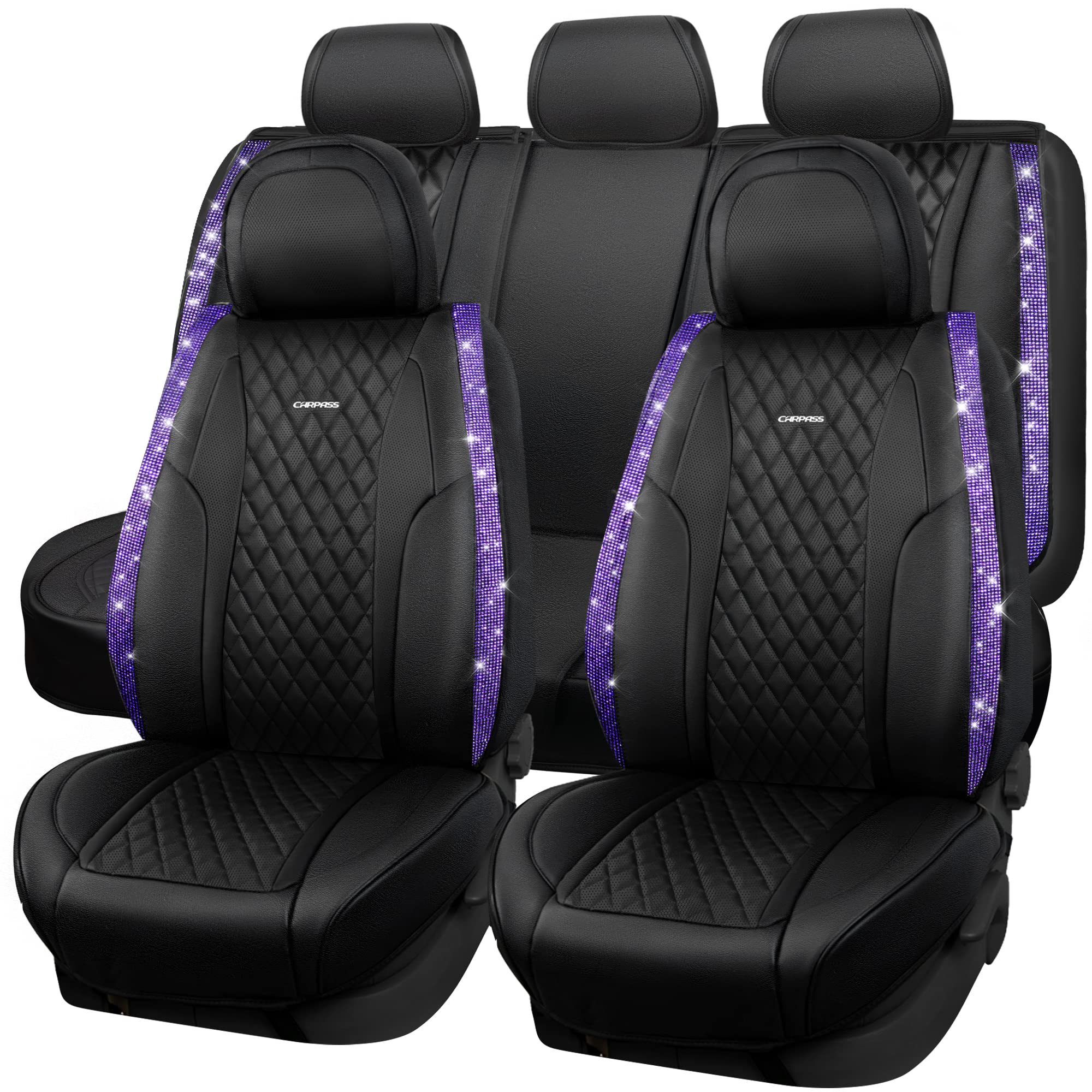 Car Pass Bling Nappa Leather Car Seat Cover For Full Set Universal Luxury Waterproof Heavy-Duty Anti-Slip Cushioned Fit For Suv
