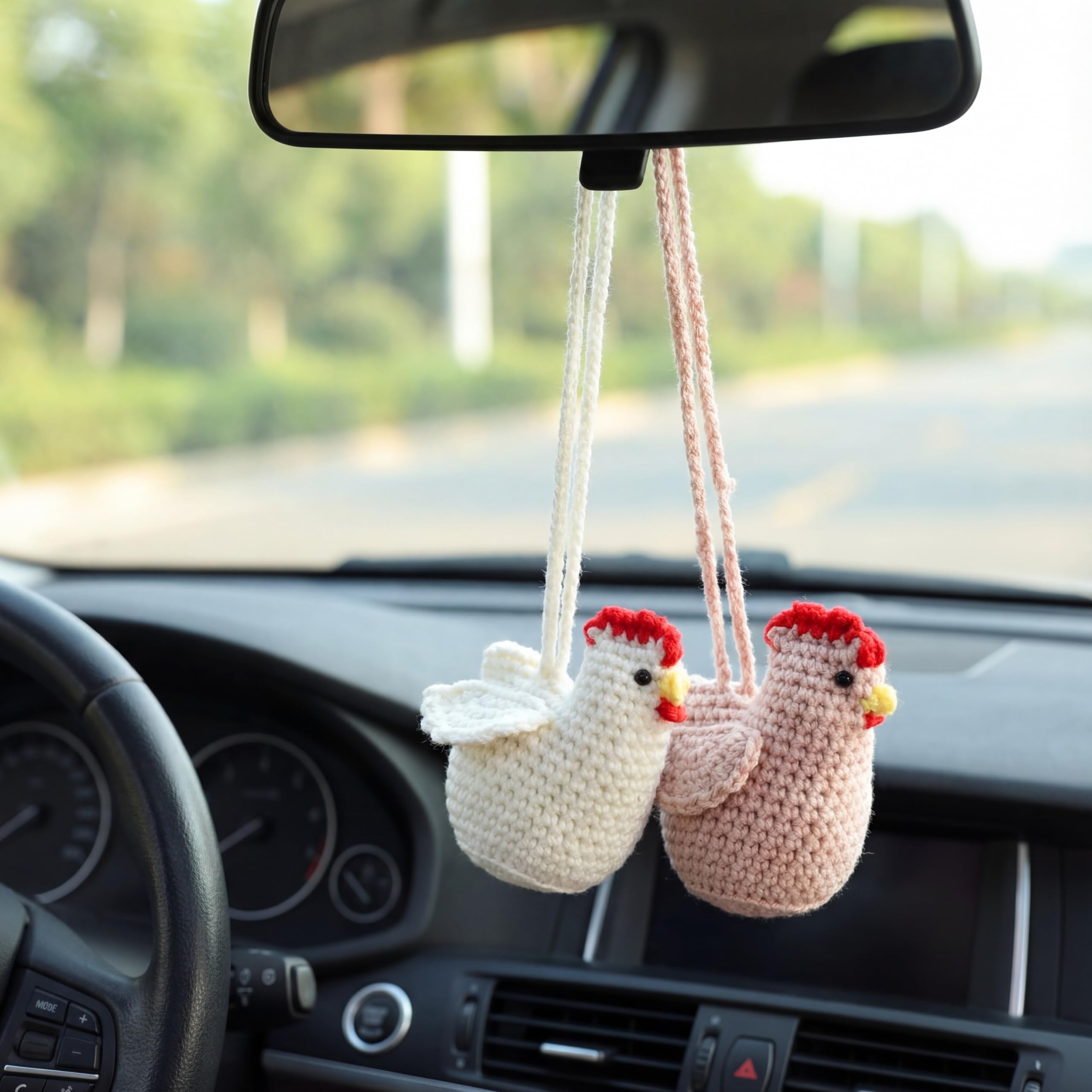 Soulchen 2 Pcs Chicken Lover Gifts Handmade Crochet Chicken Car Air Freshener Cute Crochet Car Accessories Rearview Mirror Hangi