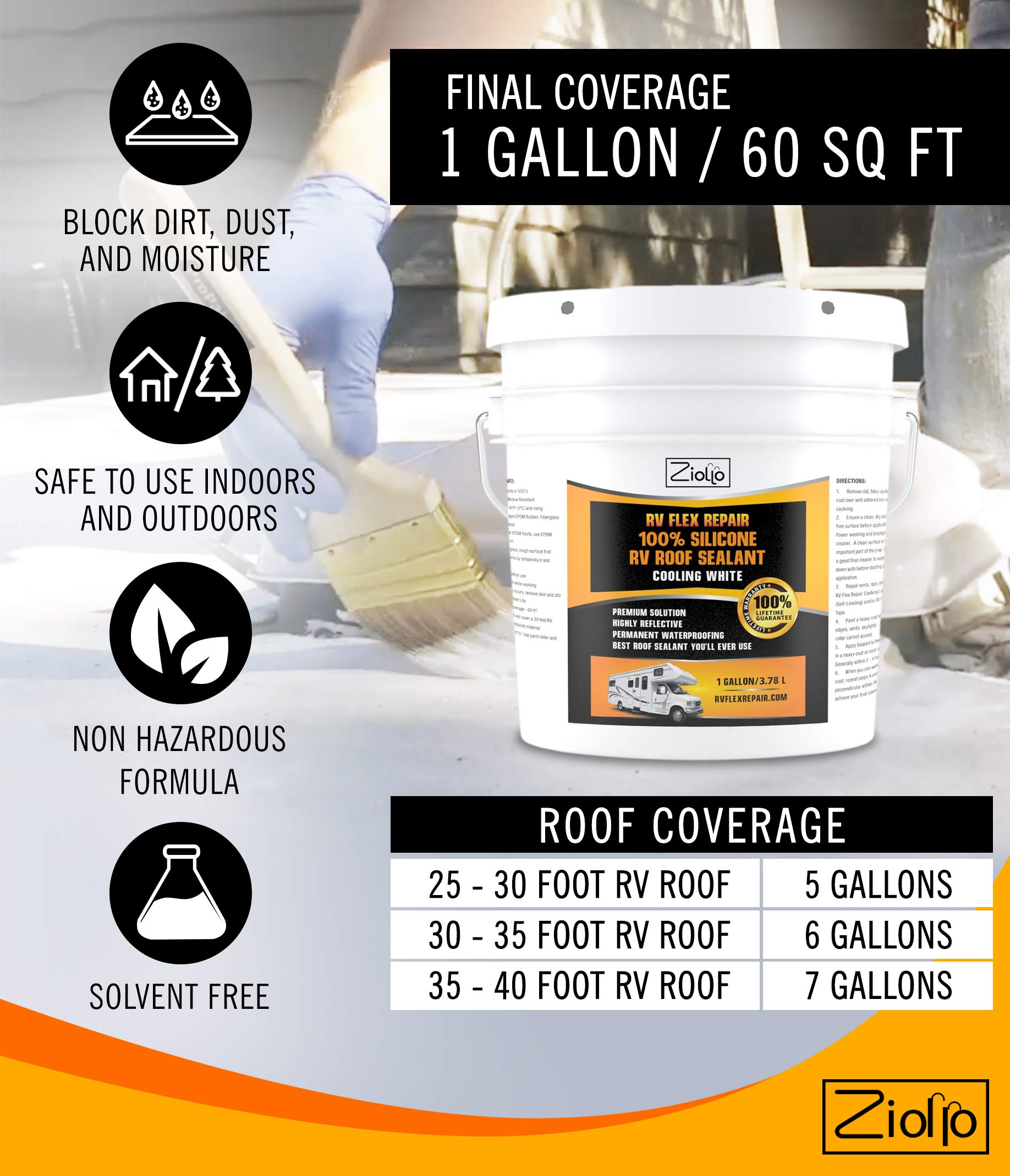 Ziollo RV Flex Repair Silicone Sealant - Waterproofing for RVs, Trailers, Campers - 1 Gallon, Cooling White