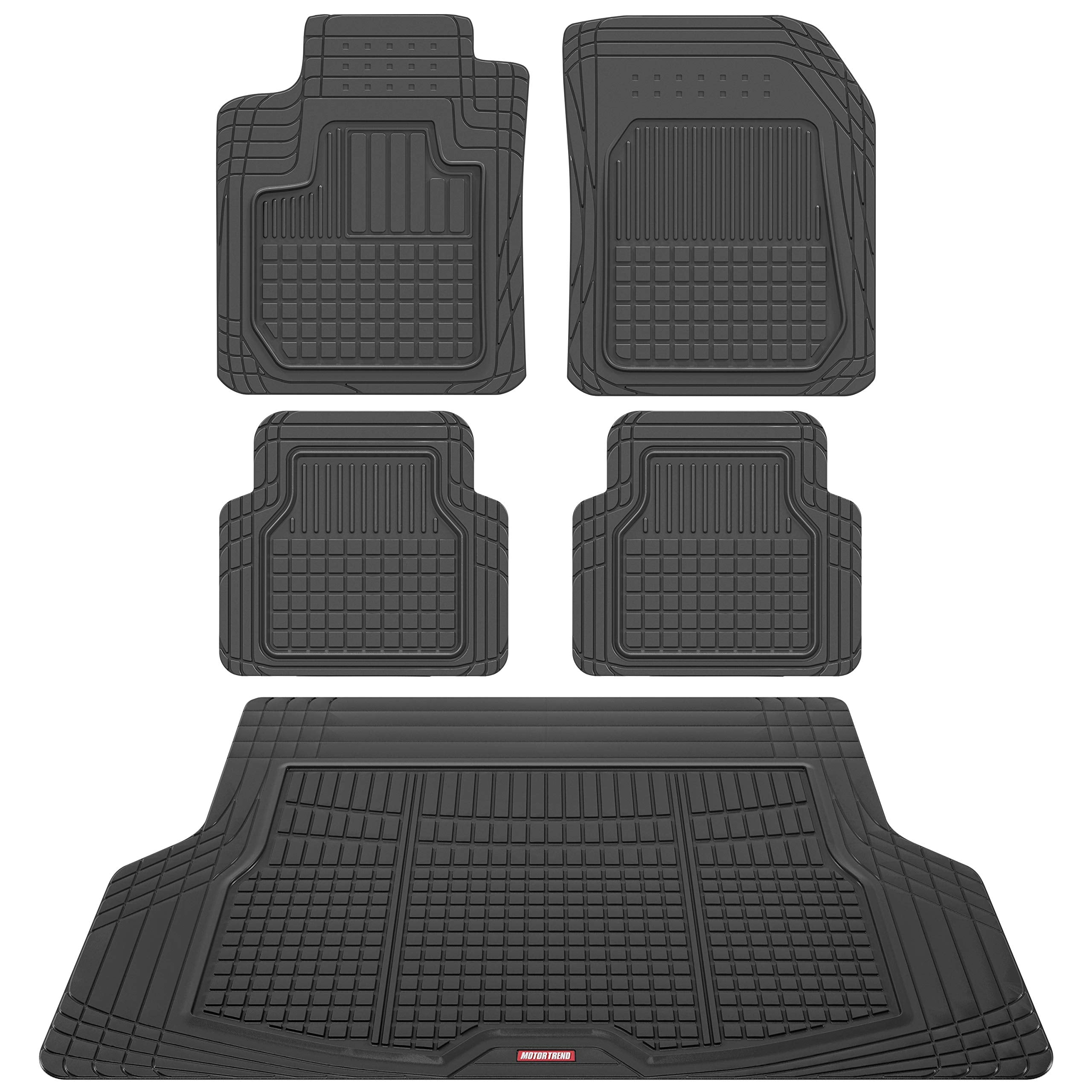 Motor Trend FlexTough Rubber Car Floor Mats with Cargo Trunk Liner, Trim to Fit Performance Plus Heavy Duty Liners for Auto SUV 