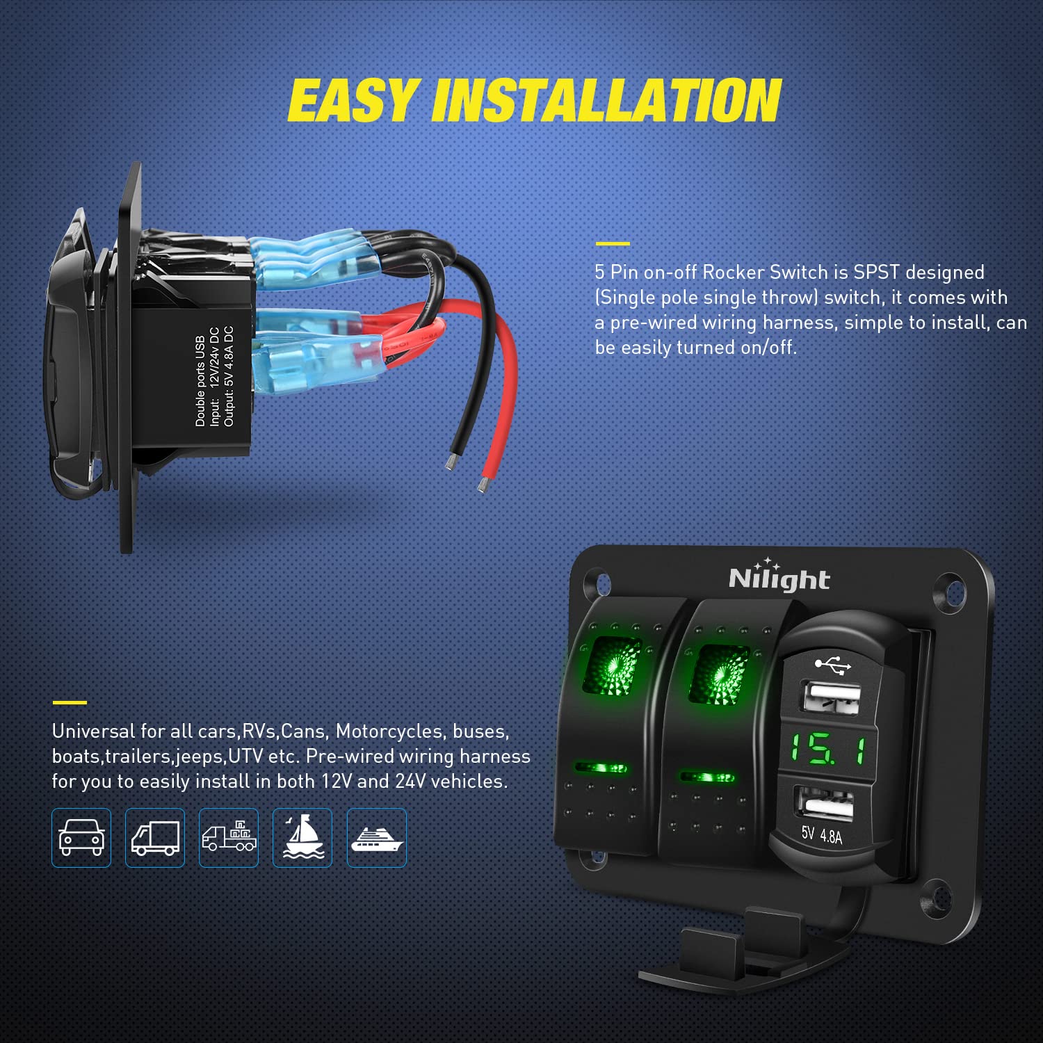 Nilight 2 Gang Rocker Switch Panel Green Backlit With 4.8 Amp Dual Usb Charger Voltmeter Waterproof 12V 24V Dc Night Glow Sticke