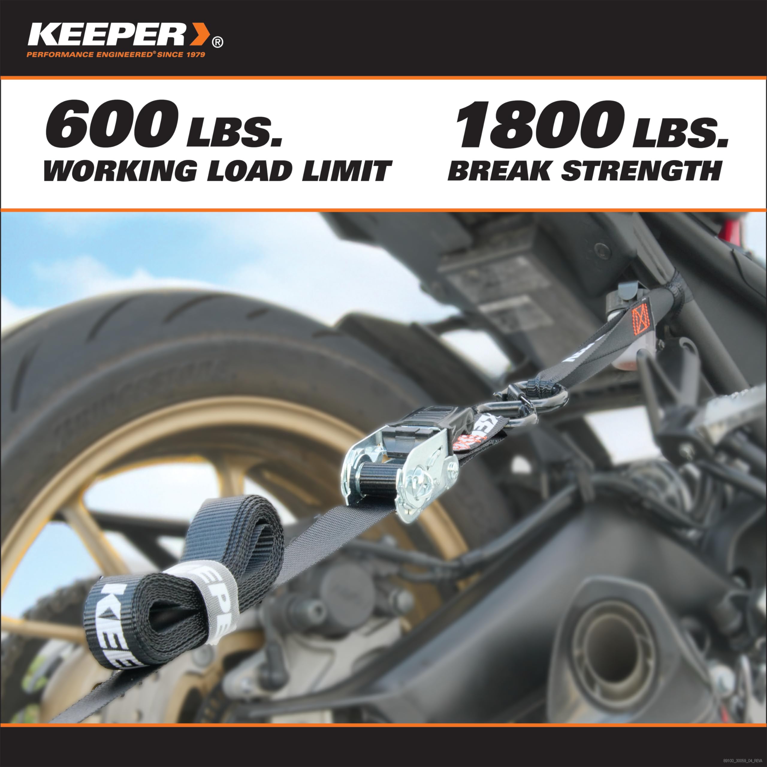 Keeper Ratchet Tie Down Kit (4PK) - 1800lb Max Break Strength, Includes (4) Premium 1'' x 15' Rachet Tie Down Straps with Padded