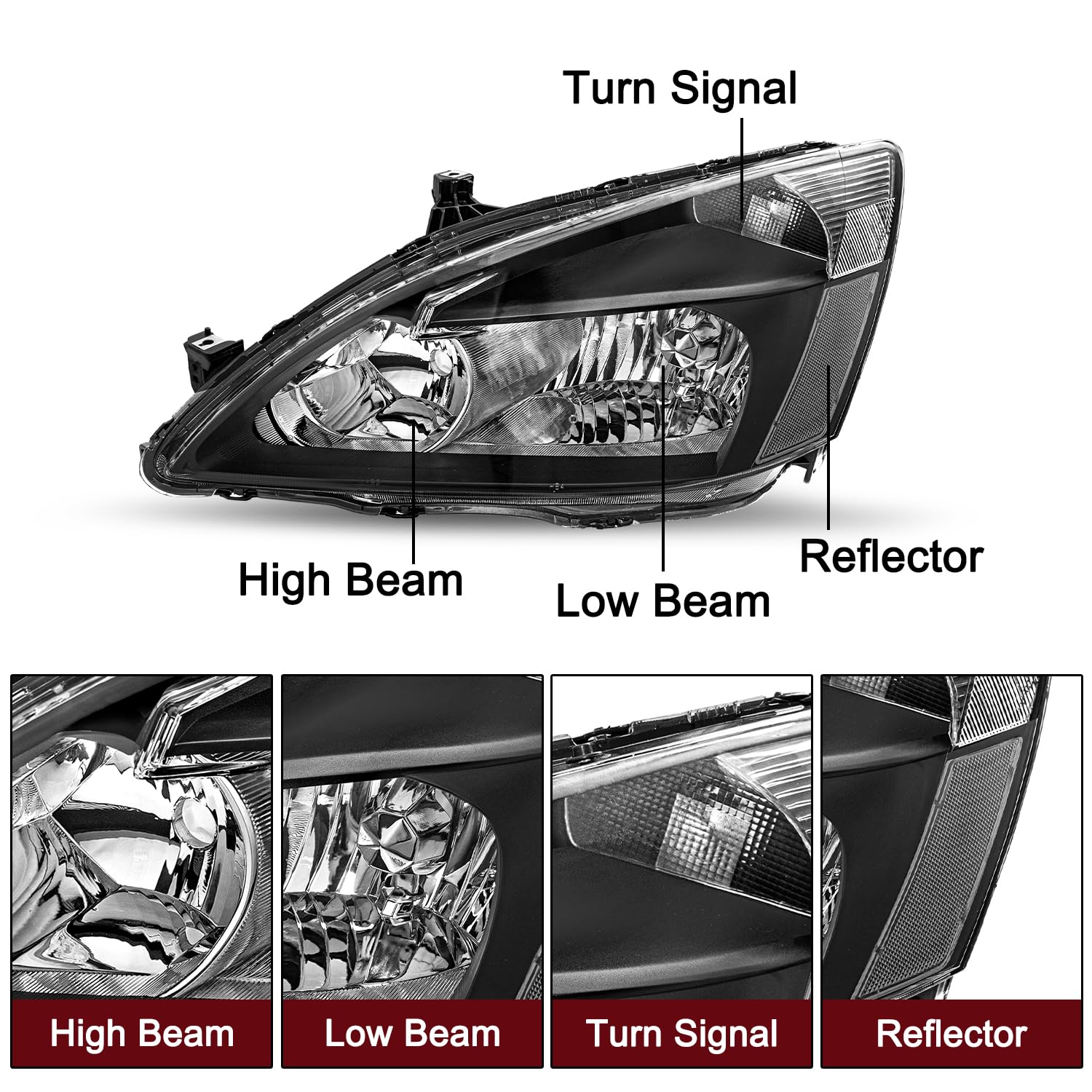 Jsboyat Headlight Assembly Replacement For 2003-2007 Honda Accord Halogen Headlamp Chrome Housing With Amber Reflector (Driver &