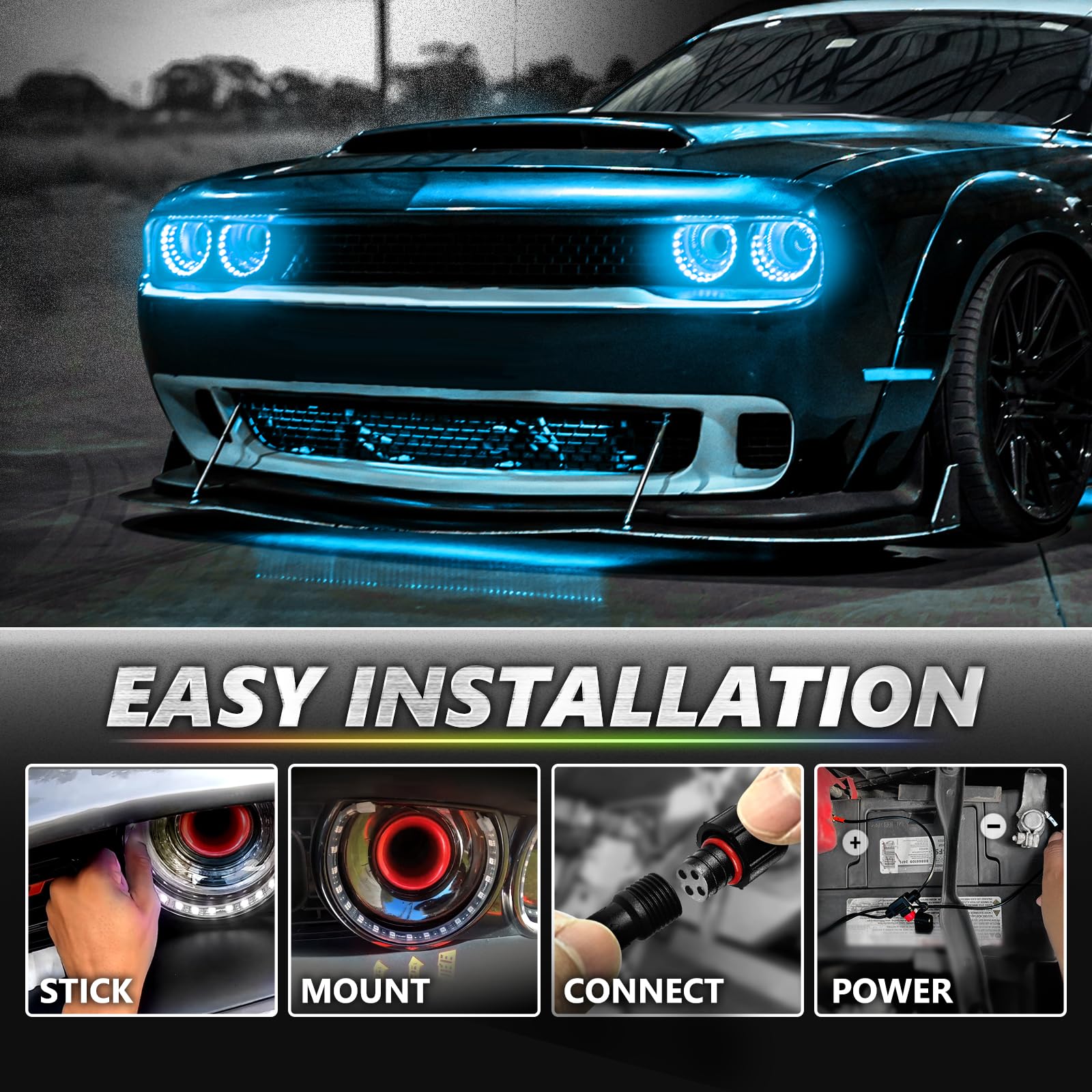 OPT7 Aura Pro Halo Light DRL for 2008-2023 Dodge Challenger, Bluetooth Control, RGB LED, Easy Installation