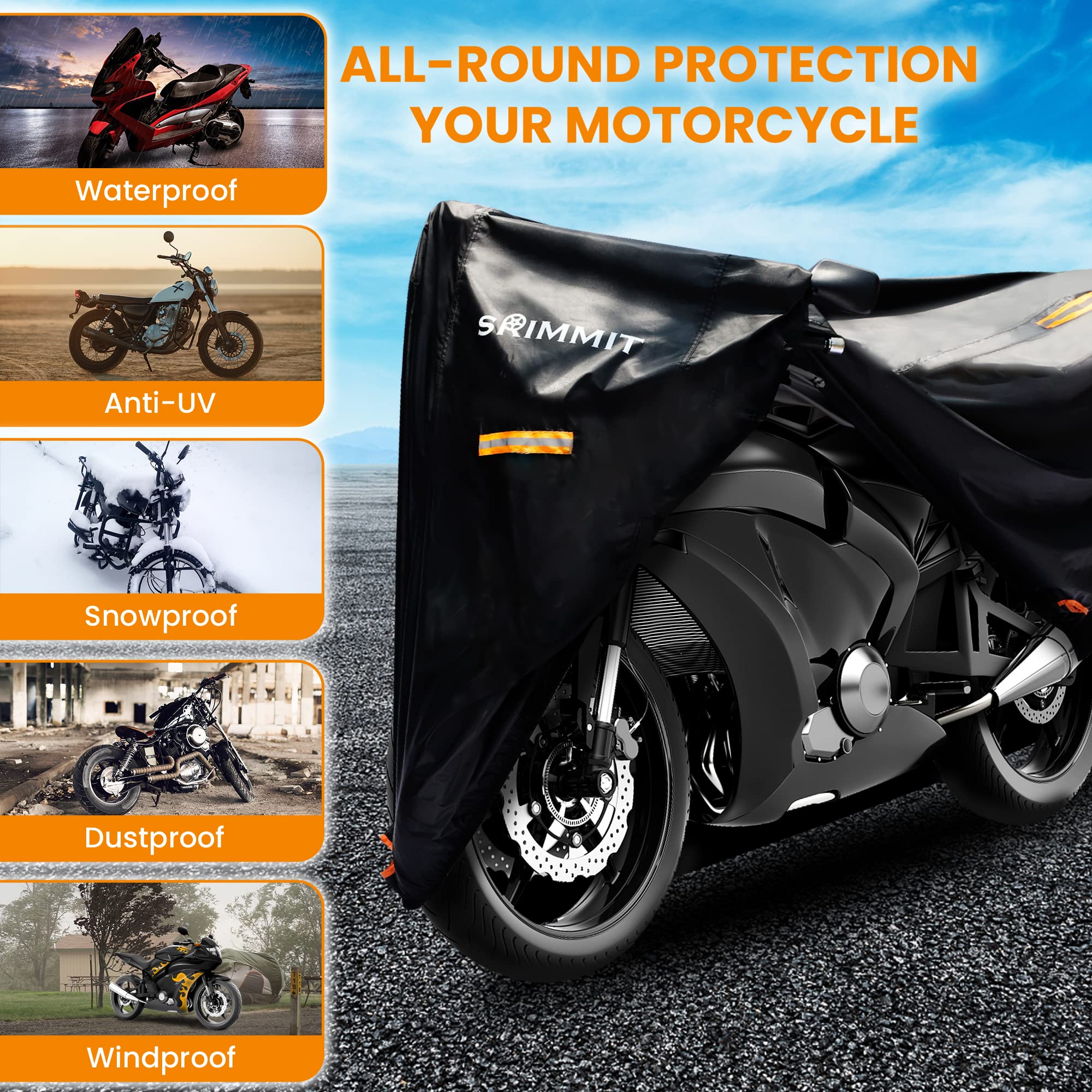 SRIMMIT Motorcycle Cover Waterproof XL 82"x37"x50" 420D Polyester Black with Reflective Strips & License Plate Window