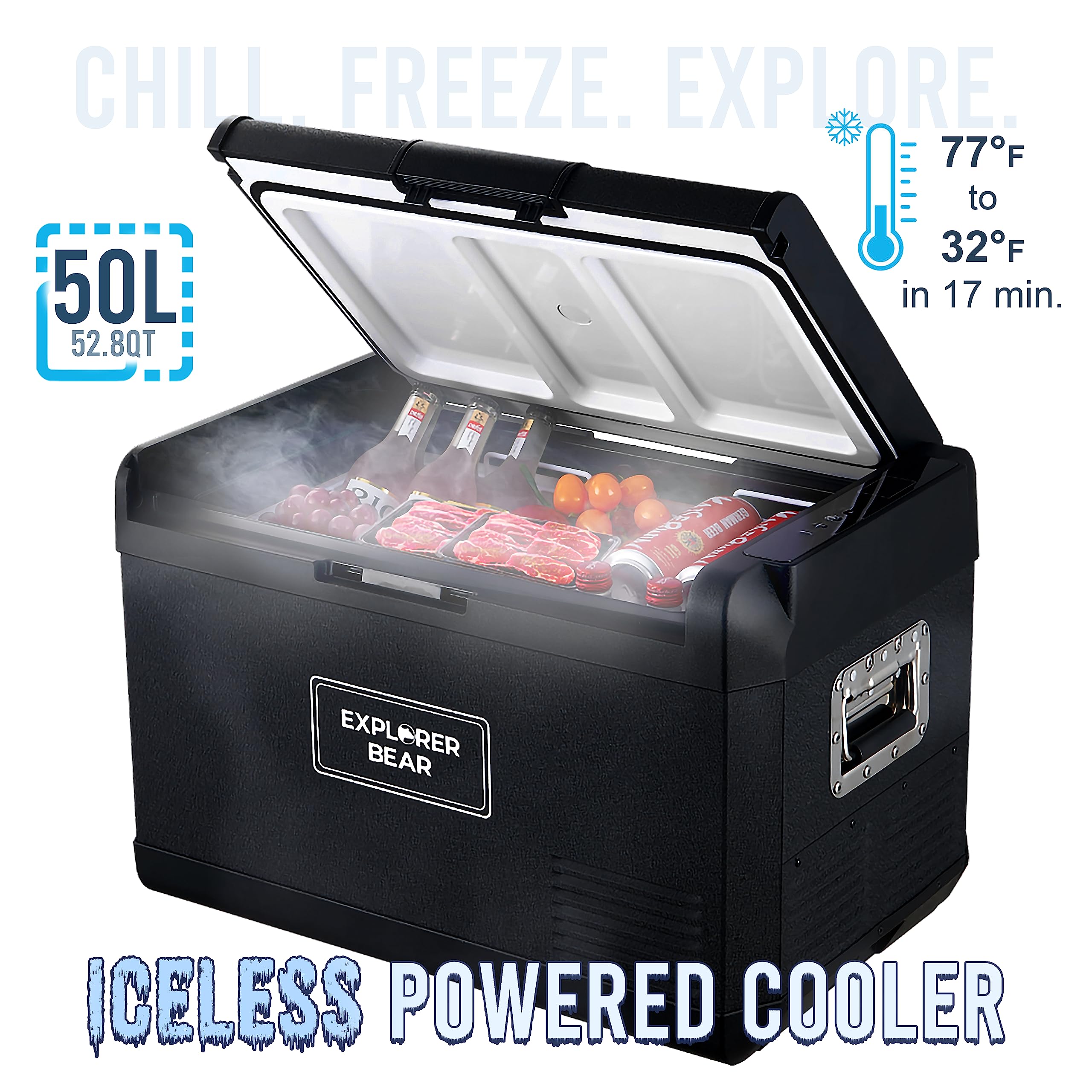 Explorer Bear 12 Volt Refrigerator 12V Car Fridge 50L/52.8Qt 12/24V Dc 110-240V Ac Portable Freezer Compressor Cooler 0?-50? 3-Year Warranty For Truck Van Rv Suv Boat Trailer Travel Road Trips Camping