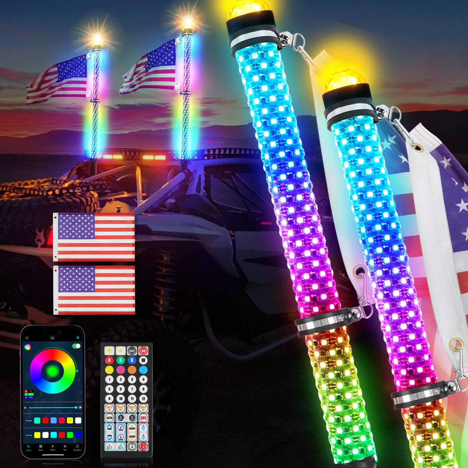 DEERMOTO 2PCS 2FT Fat Whip Light with Warning Light Spiral RGB LED Whip Lights with APP&Remote Control,Chasing Lighted Antenna W