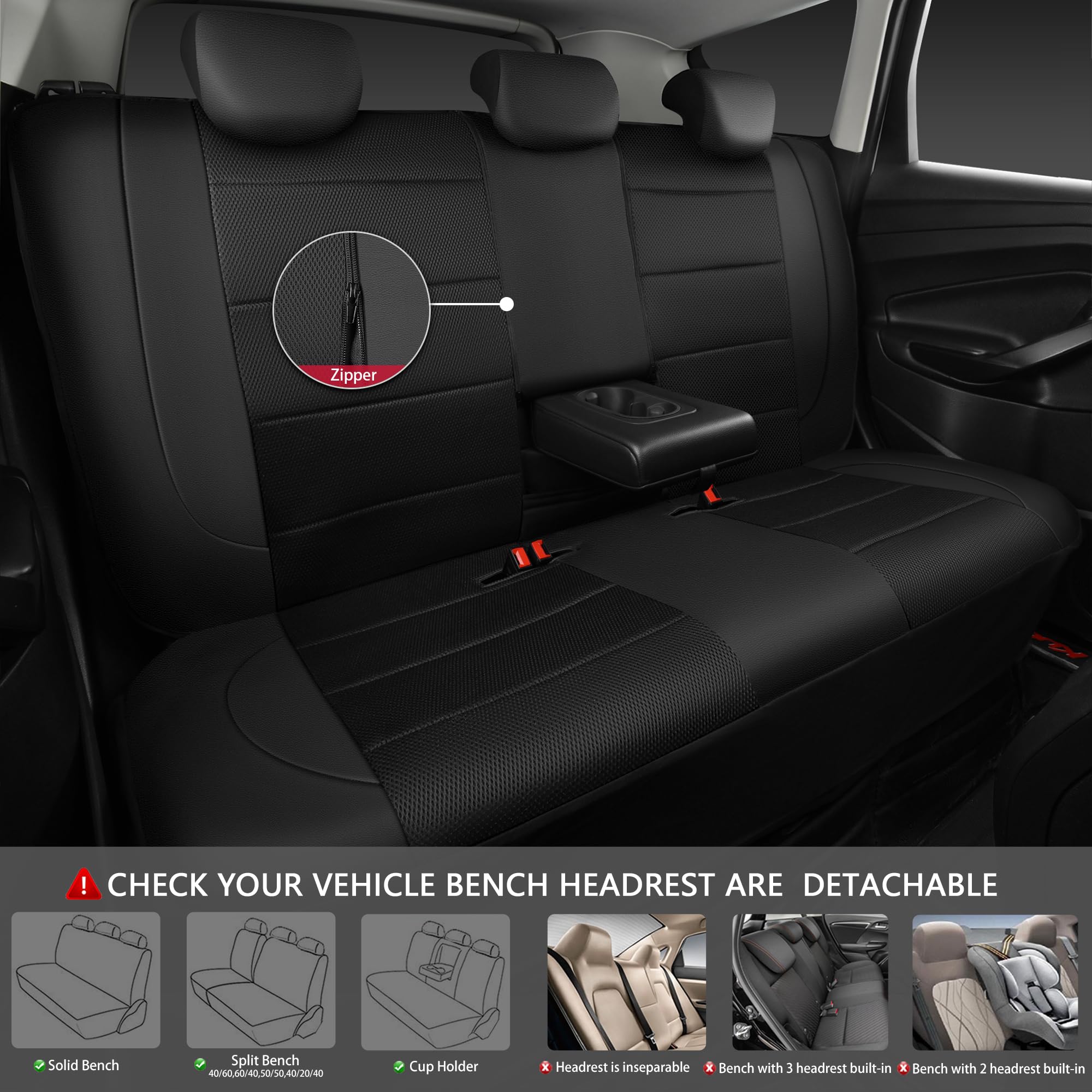 CAR PASS Leather Back Seat Cover, Universal Fit, Breathable Mesh, Airbag Compatible, 5mm Sponge, Rear Black, Model zt-0121HP-BK1
