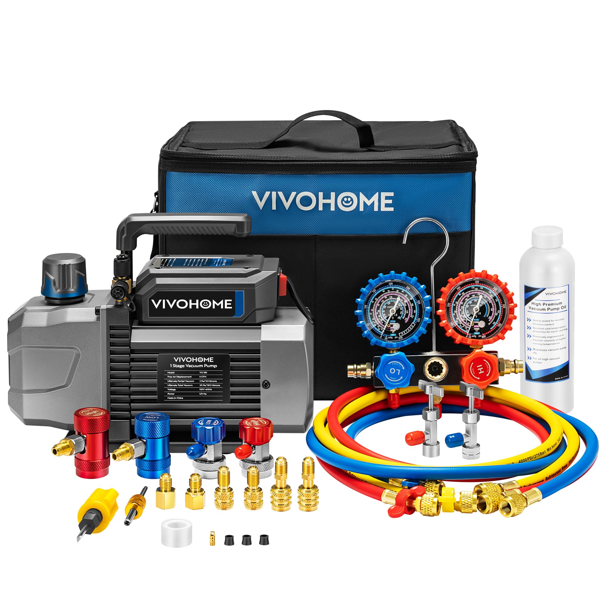 VIVOHOME A2L AC Vacuum Pump and Manifold Gauge Set, 1/3 HP 5CFM Single Stage HVAC Vacuum Pump Kit with 5ft Hoses, Sparkless Moto