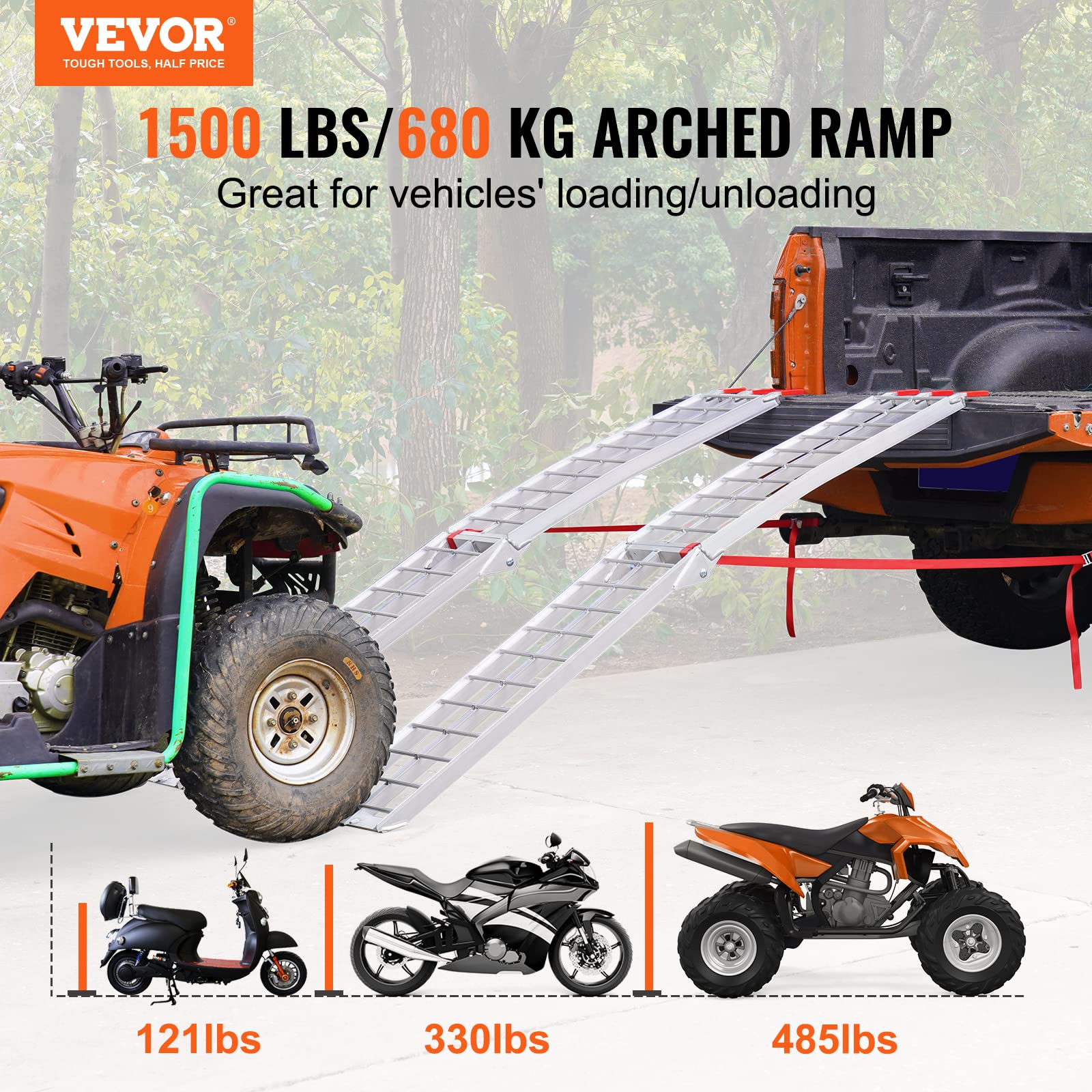 Vevor 7.5Ft Aluminum Ramps, 1500 Lbs Folding Loading Ramps (2 Pcs Set) For Pickup Trucks Bed, Trailers Ramp With Load Straps For Dirt Bike, Utv, Atv, Trucks, Lawn Mowers, Cargo Trailer, 89' L X 12' W