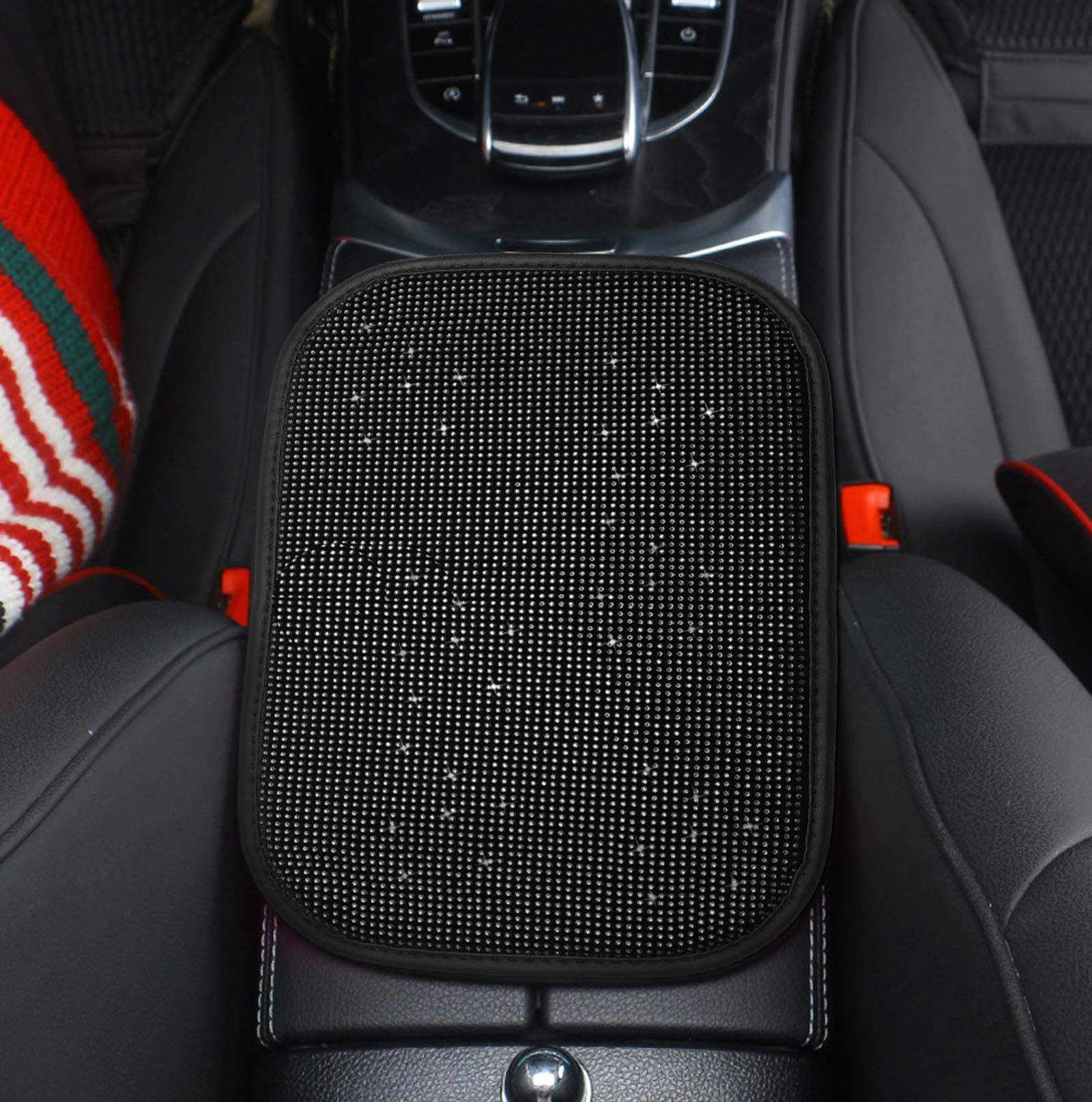 Car Armrest Cover For Women Black Bling Car Accessories Diamond Rhinestone Auto Center Console Protective Cover Car Decor For Wo