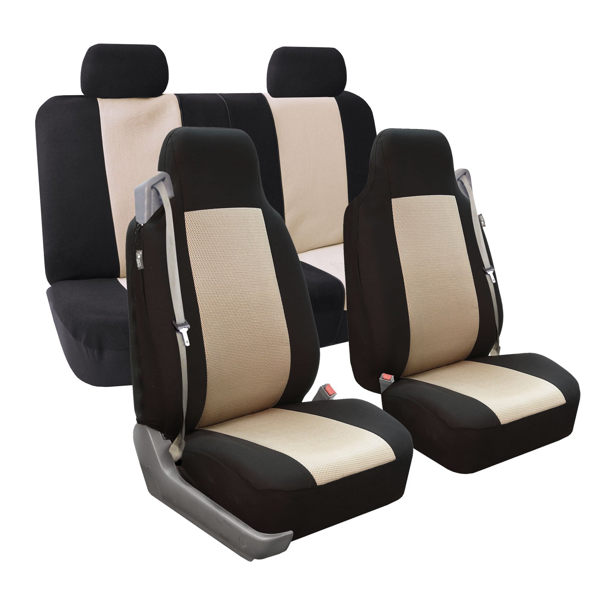 Fh Group Fh-Fb302114 All Purpose Flat Cloth Car Seat Covers Beige/Black Color With F11306 Vinyl Floor Mats, Beige/Black Color -