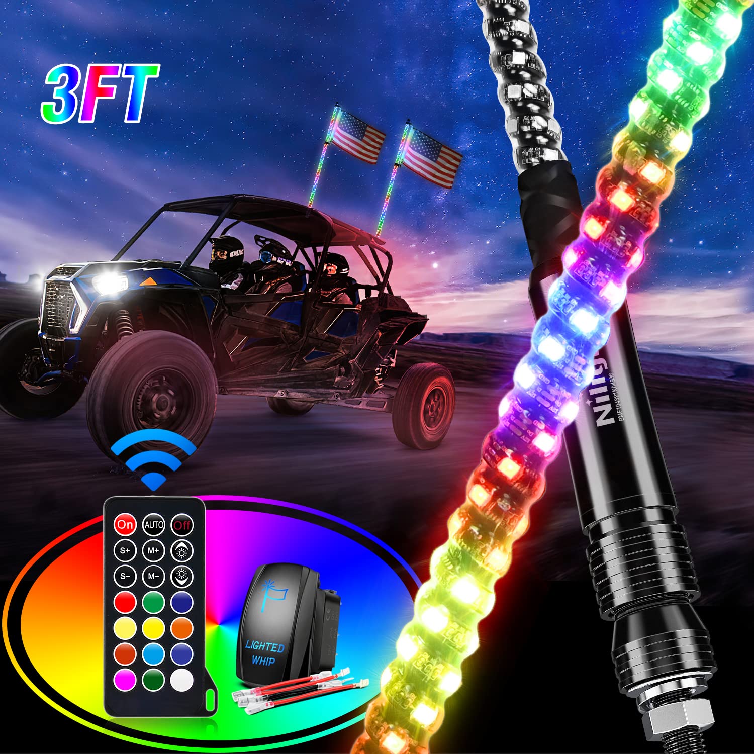 Nilight 2Pcs 3Ft Spiral Rgb Led Whip Light W/Rgb Chasing Light Rf Remote Control Lighted Antenna For Can-Am Atv Utv Rzr Polaris