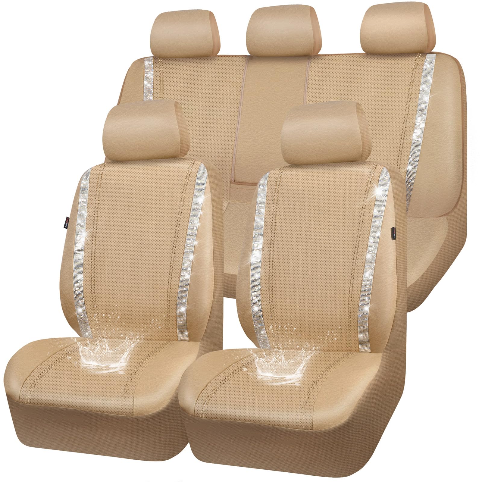 CAR PASS Bling Diamond Car Seat Covers Full Set, Shining Glitter Rhinestone Waterproof Faux Leather Interior Sets Universal Fit Automotive Glitter Crystal Sparkle Strips for Cute Women Girl, Beige -Like New