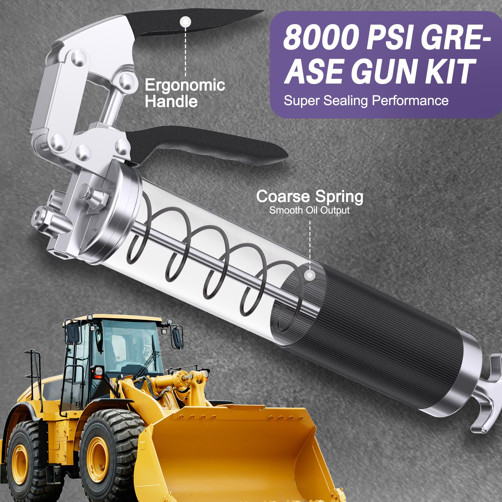 GATTLELIC 8000 PSI Heavy Duty Grease Gun Kit - 14oz with Flex Hose, Sharp Nozzle, Extension Pipe & Coupler, Red