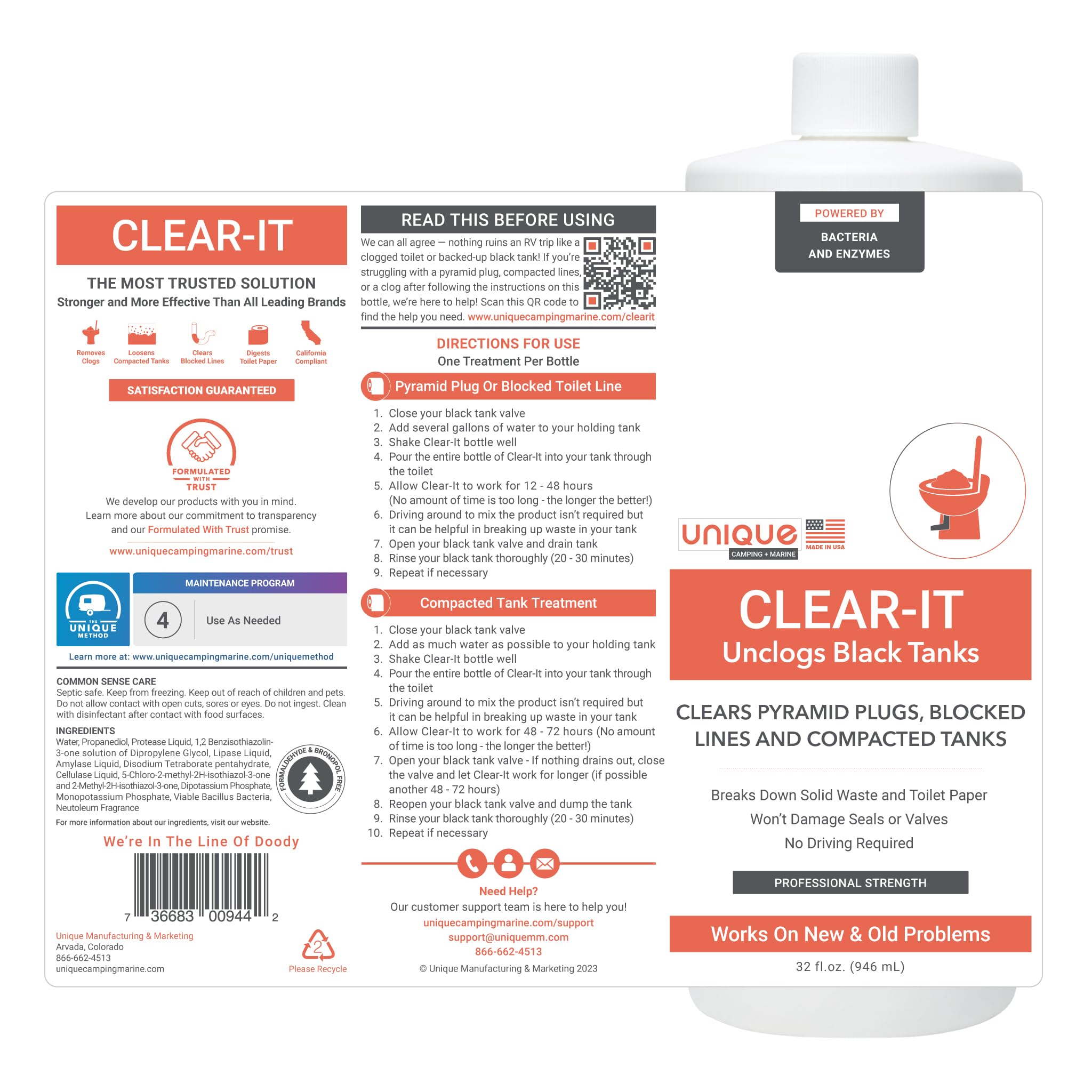 Unique Clear-It RV Black Tank Unclogger Liquid - Breaks Through Clogs, 32 oz, Model 41P-1-AZ, Ideal for Pyramid Plugs & Compacted Tanks