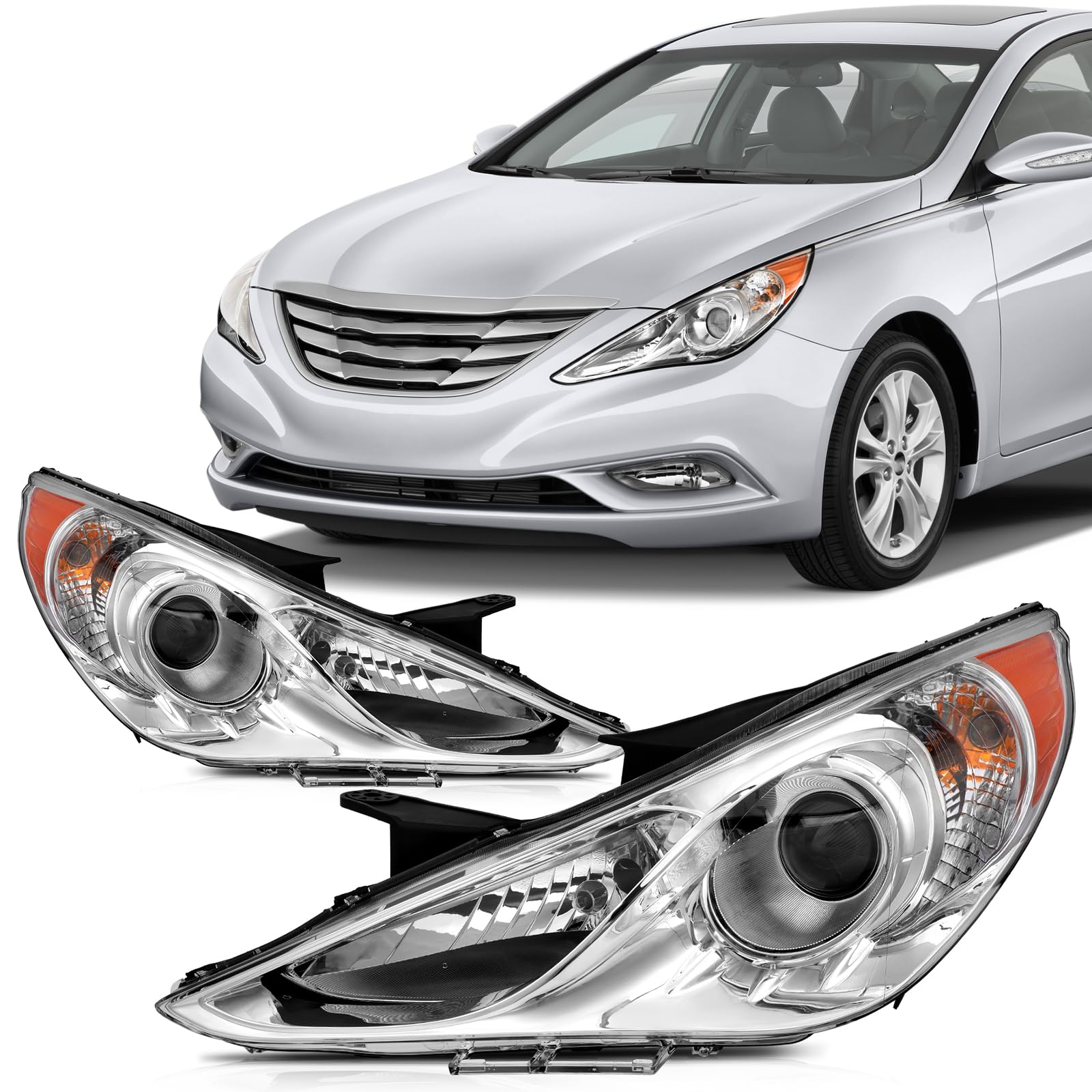 SCITOO Headlight Assembly Fits For Hyundai Sonata 2011-2014(NOT FIT Hybrid Models) headlamp in Chrome Housing Amber Reflector Cl