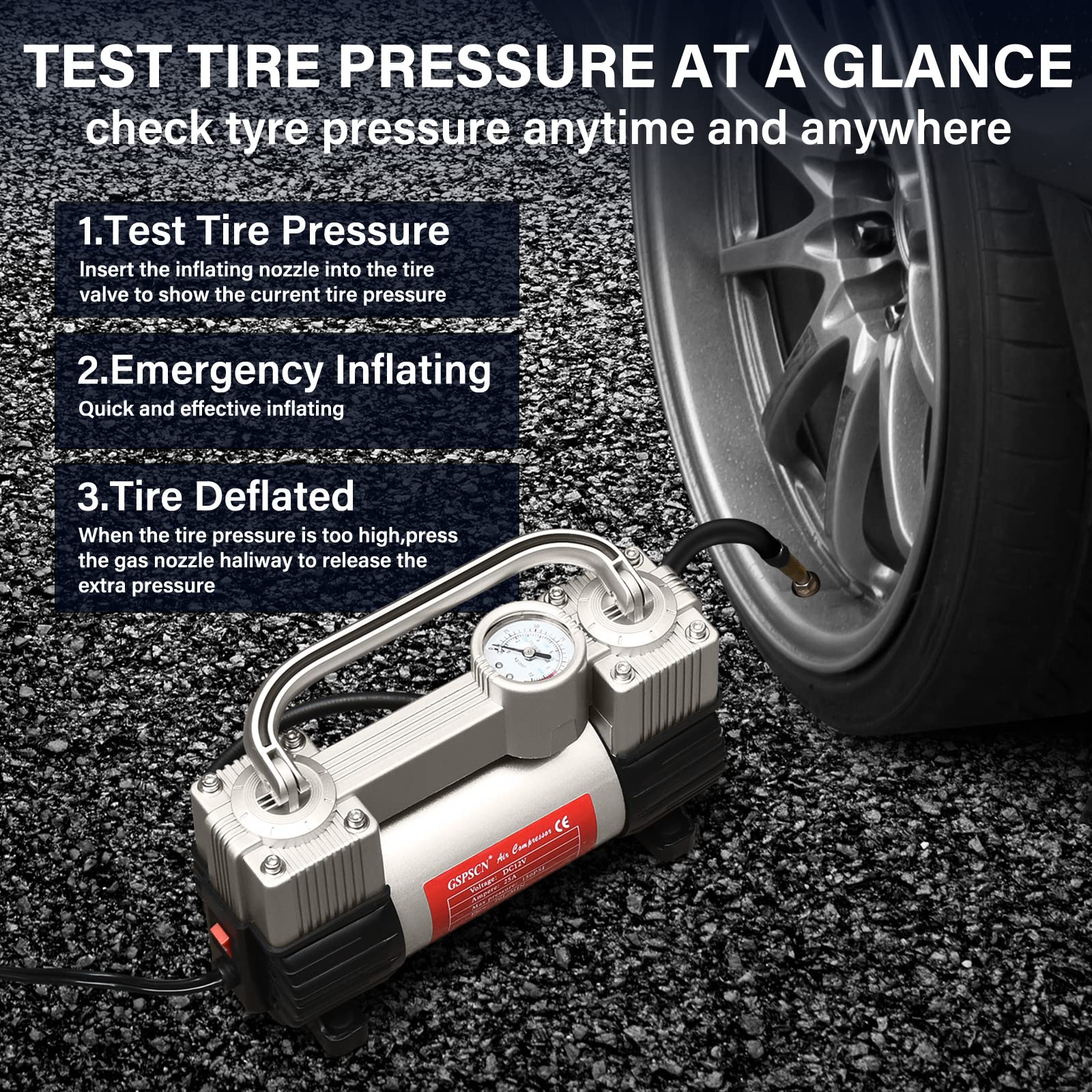 GSPSCN Silver Heavy Duty Tire Inflator 150PSI Air Compressor Pump, 8.7"x7"x3.1", Alloy & ABS, Model 202, Portable for Car & SUV