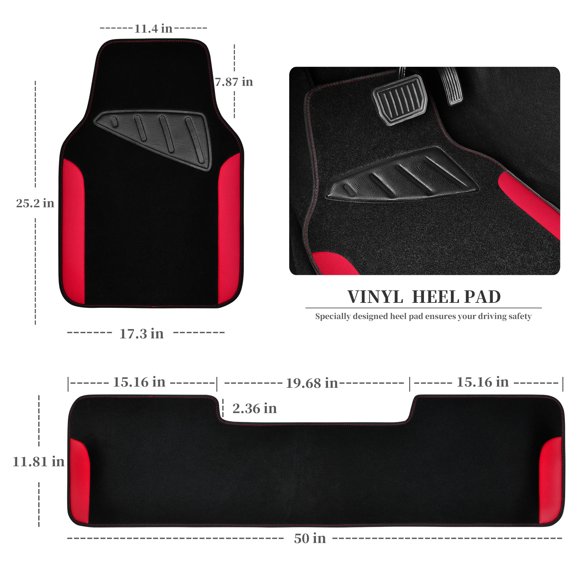 Car Pass Waterproof Universal Faux Leather 3Pcs Car Floor Mats, Red Car Mats Fit For Suv,Vans,Sedans, Trucks,Set Of Vehicles Car