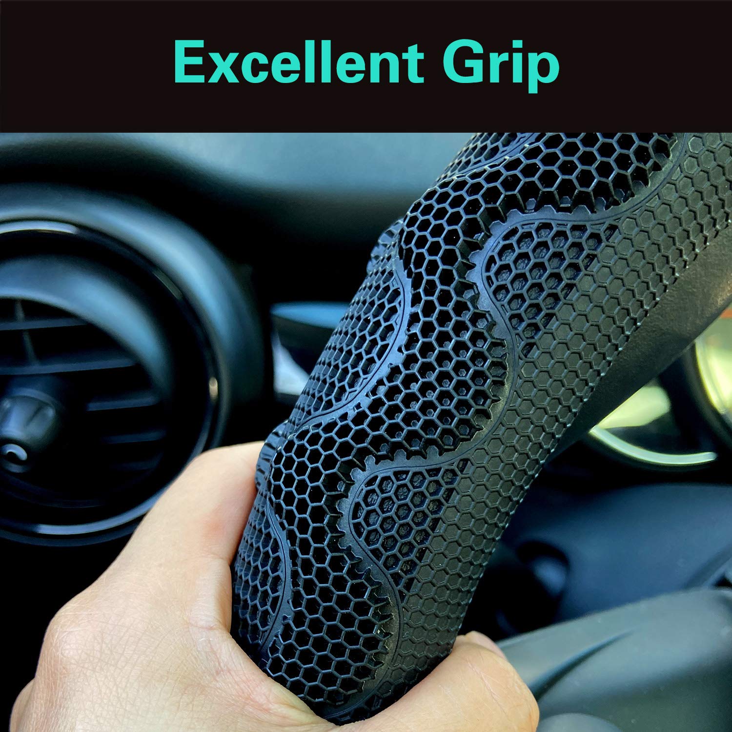 PINCTROT Large Steering Wheel Cover, 3D Honeycomb Anti-Slip, 15.5-15.75 Inch, Silicone, All Black, Model PSC210501