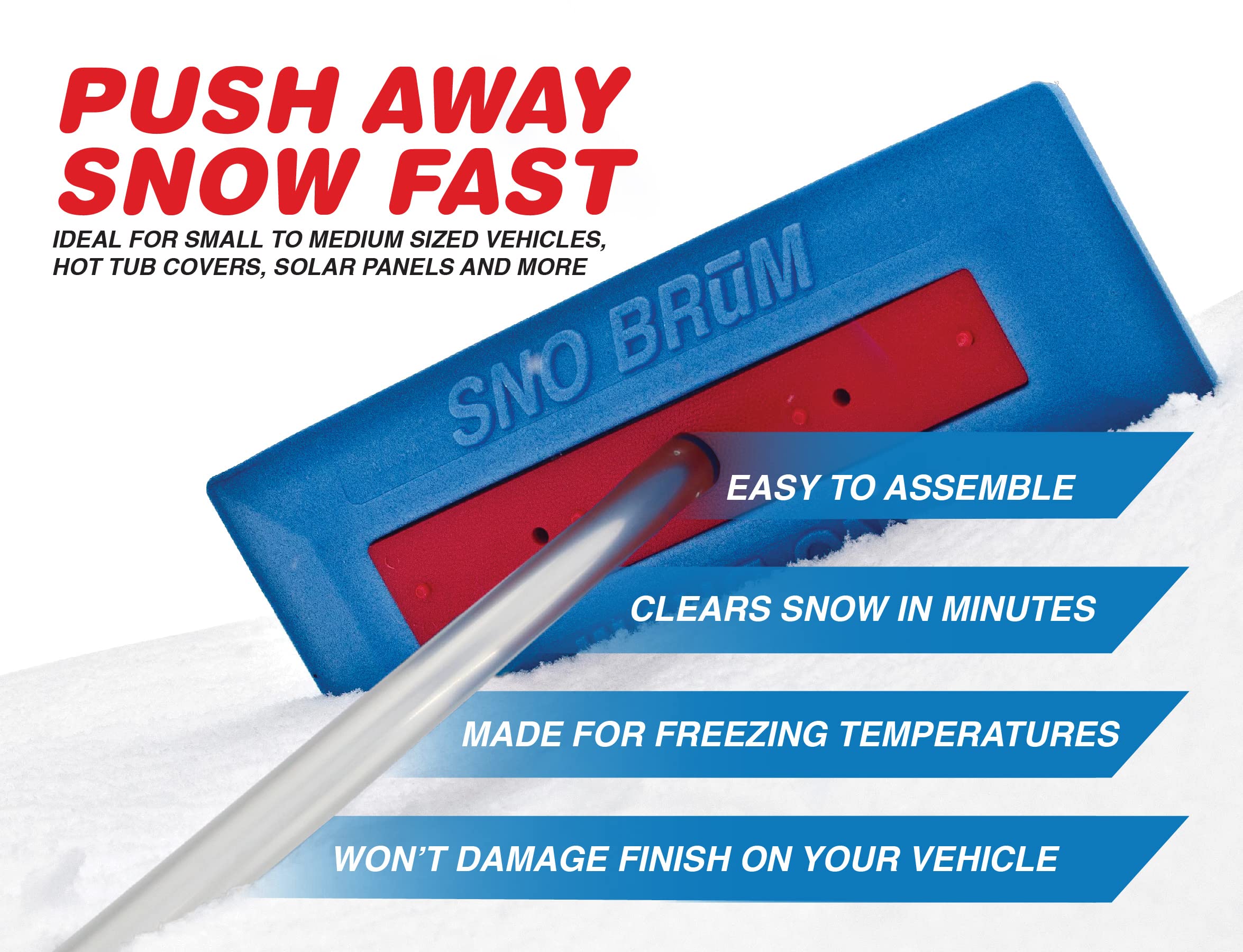 SNOBRUM Snow Remover - 28 to 63 Inch Push-Broom Brush with Foam Head, No-Scratch Design, Silver/Blue, 1 Pack