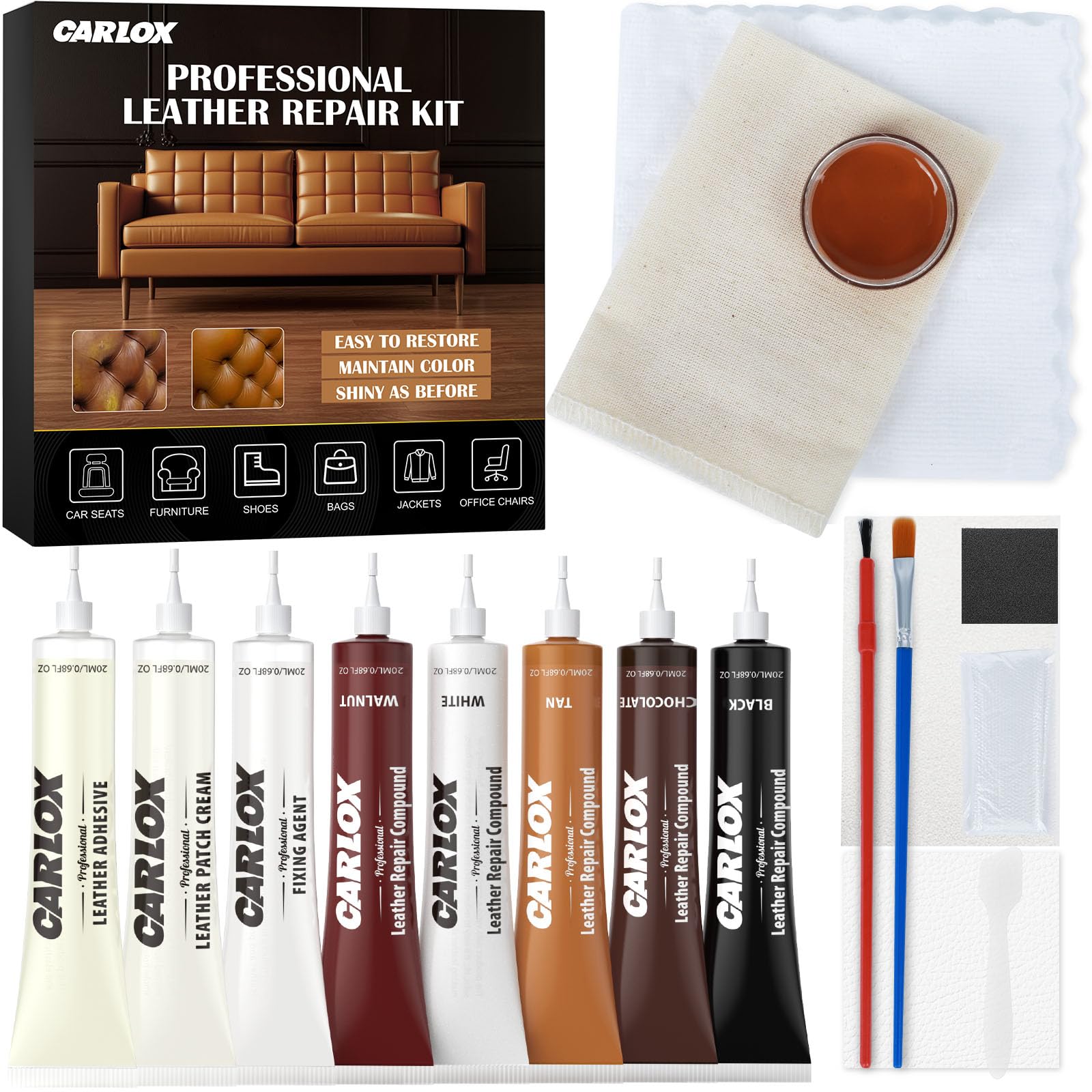 Leather Repair Kit for Car Seats, Furniture and Couch, Vinyl Repair Kit with 3-Step Reinforcement, Easy Instructions to Fix Tear