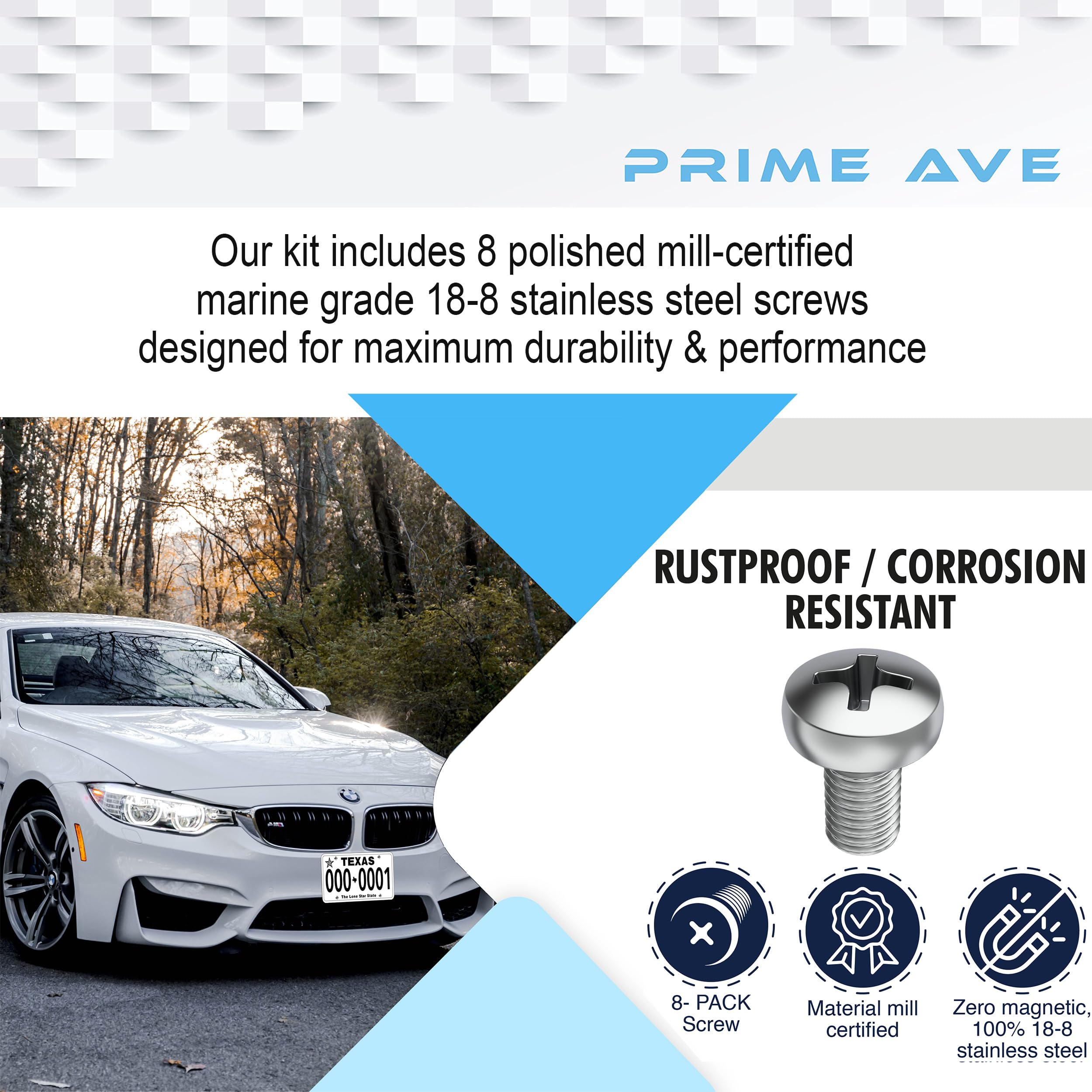 Prime Ave Stainless Steel License Plate Screws For License Plates, Frames, Covers - Front/Rear Rust Proof Car Tag Screws - Licence Plate Screw Set Compatible With Bmw (Pack Of 8)