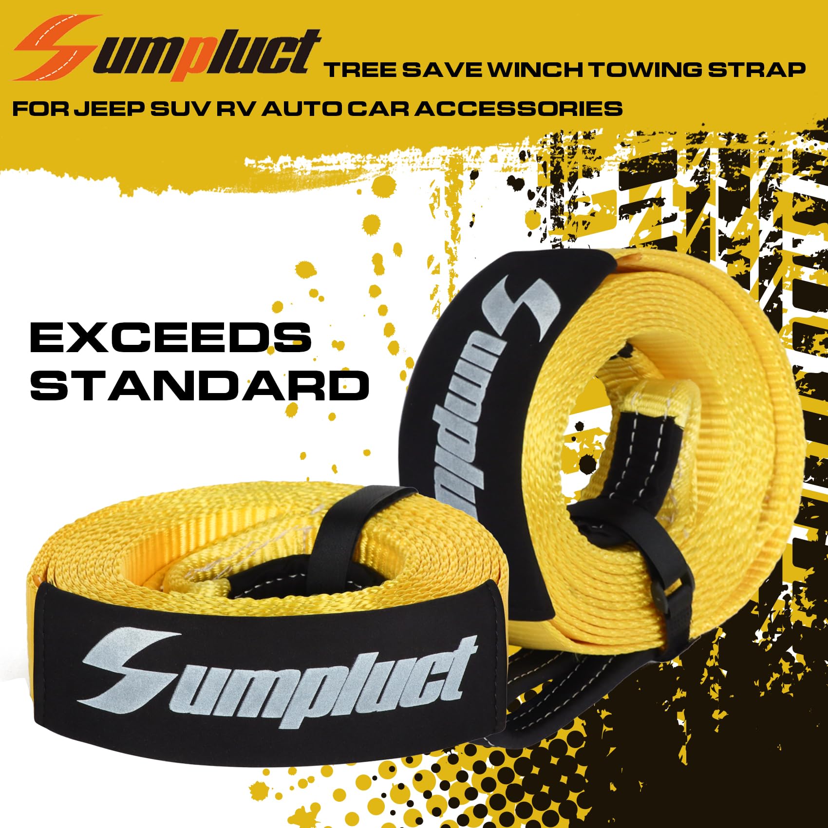 Sumpluct Recovery Tow Strap 2In X 20Ft Exceed Heavy Duty 25,000 Lbs Break Strength, Use For Emergency Towing Rope, Tree Saver, W